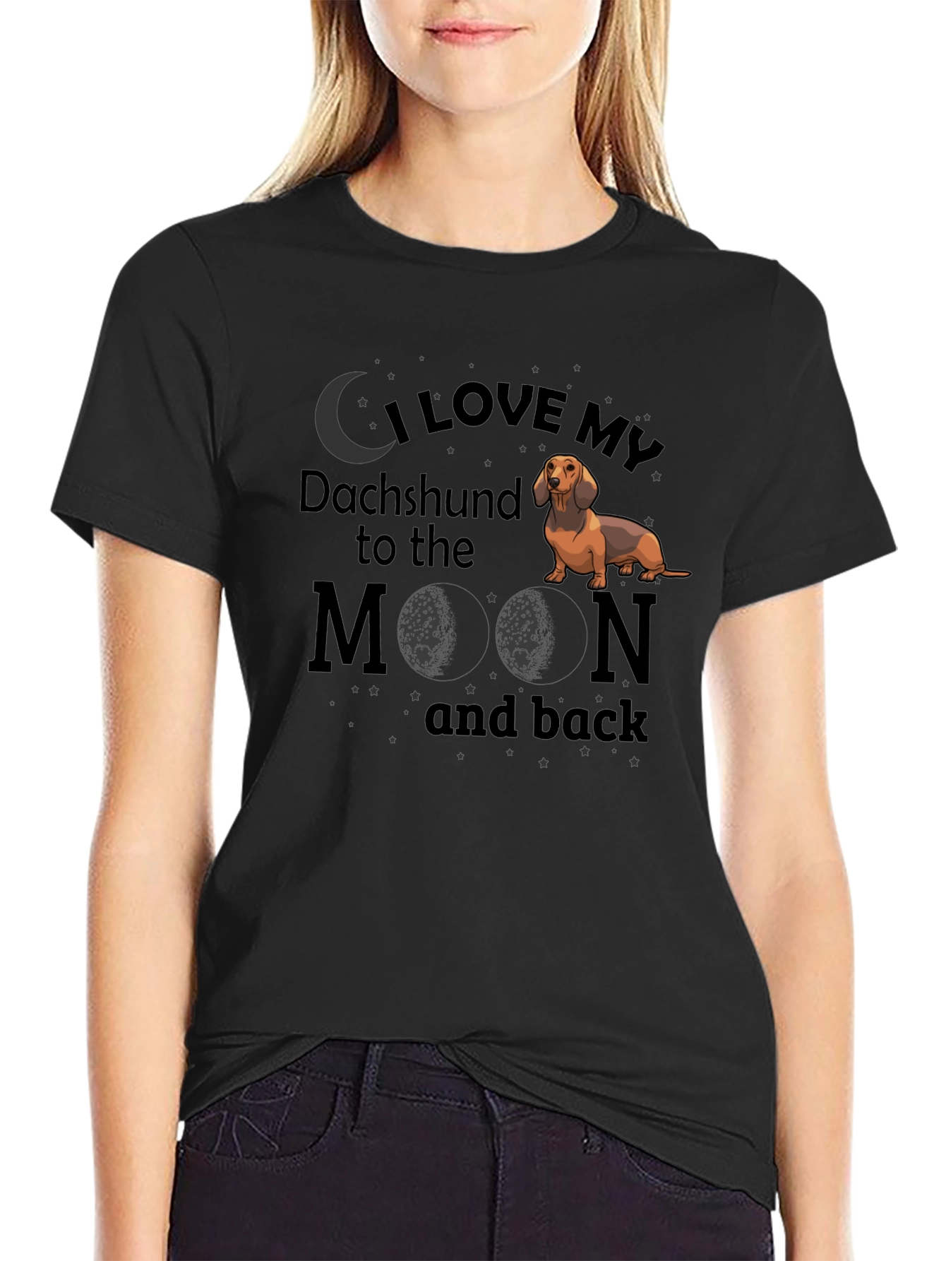 Black I Love My Dachshund to the Moon and Back T-Shirt view 2