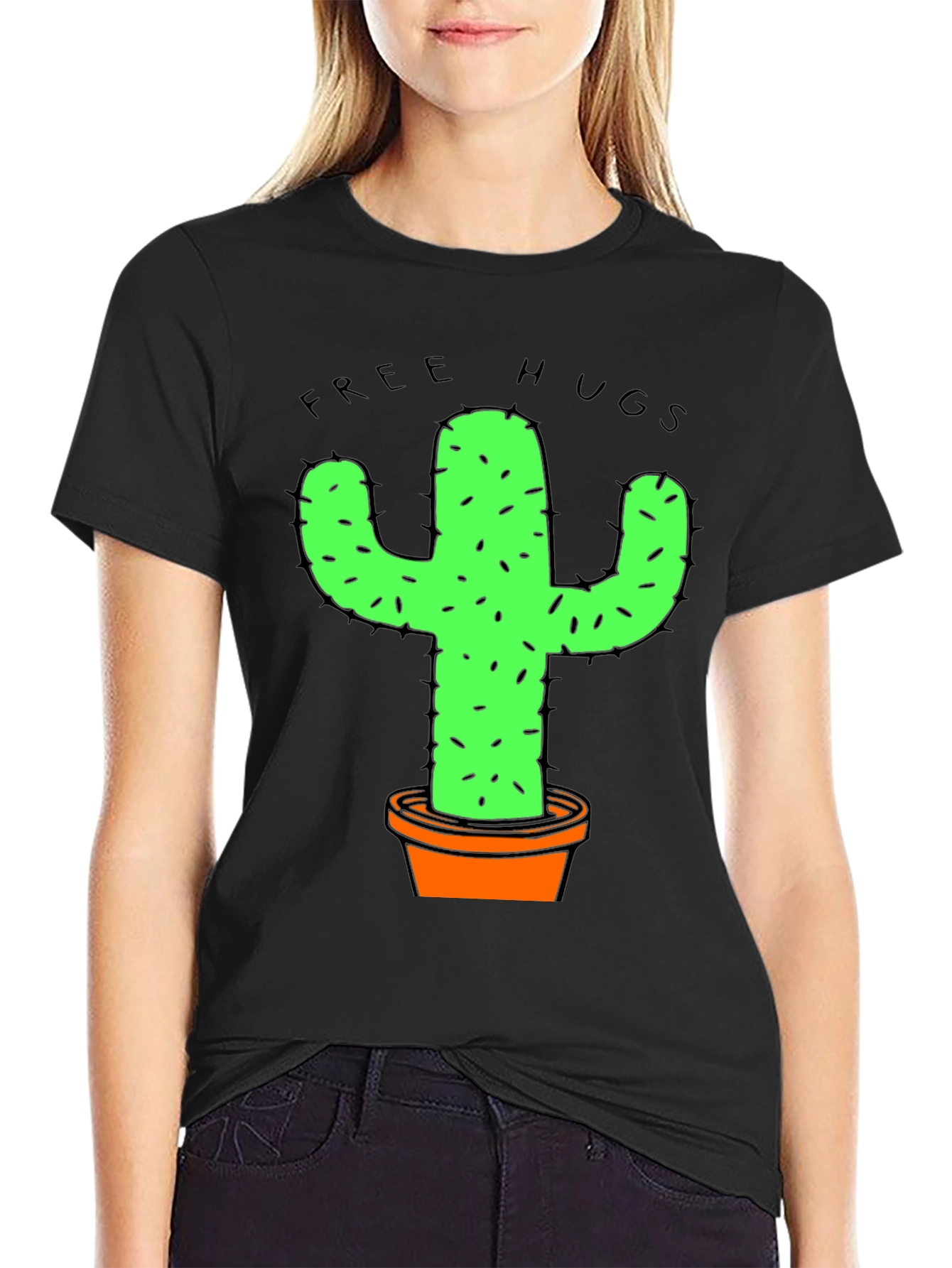 Black Funny Free Hugs Cactus Graphic T-Shirt view 2