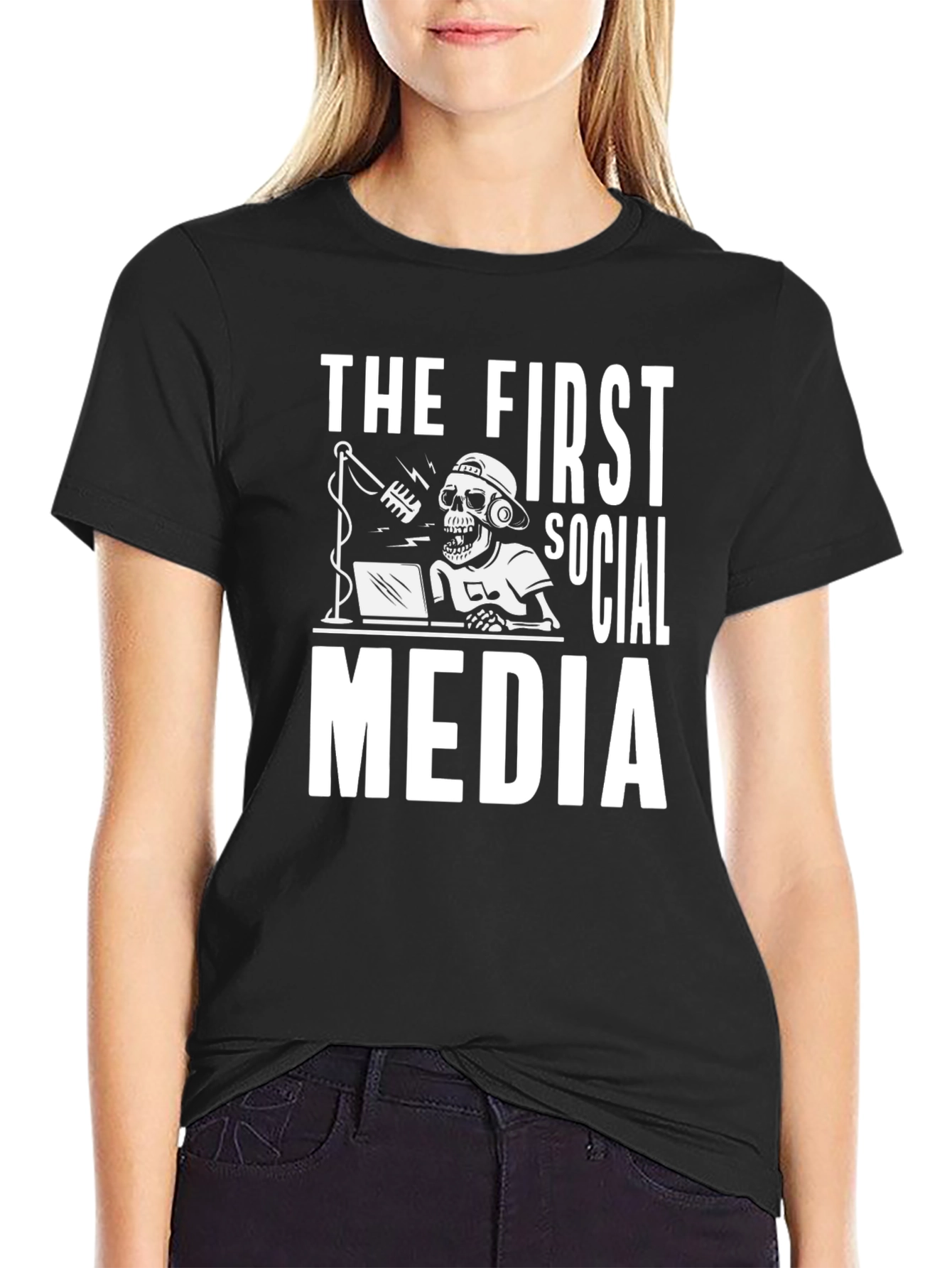Black The First Social Media T-Shirt - Skeleton Graphic Tee view 2