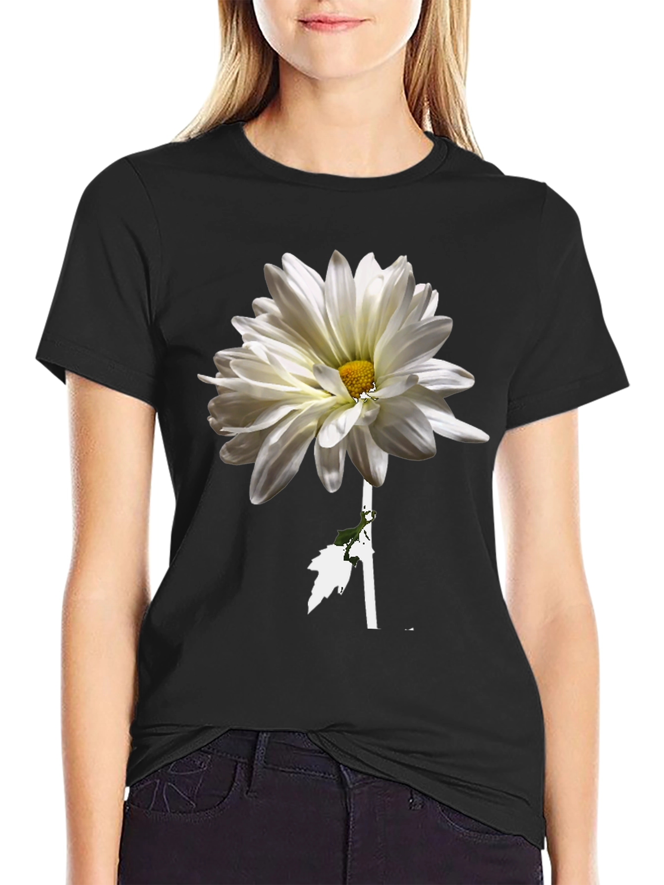 Black Floral T-Shirt: White Daisy on Black view 2