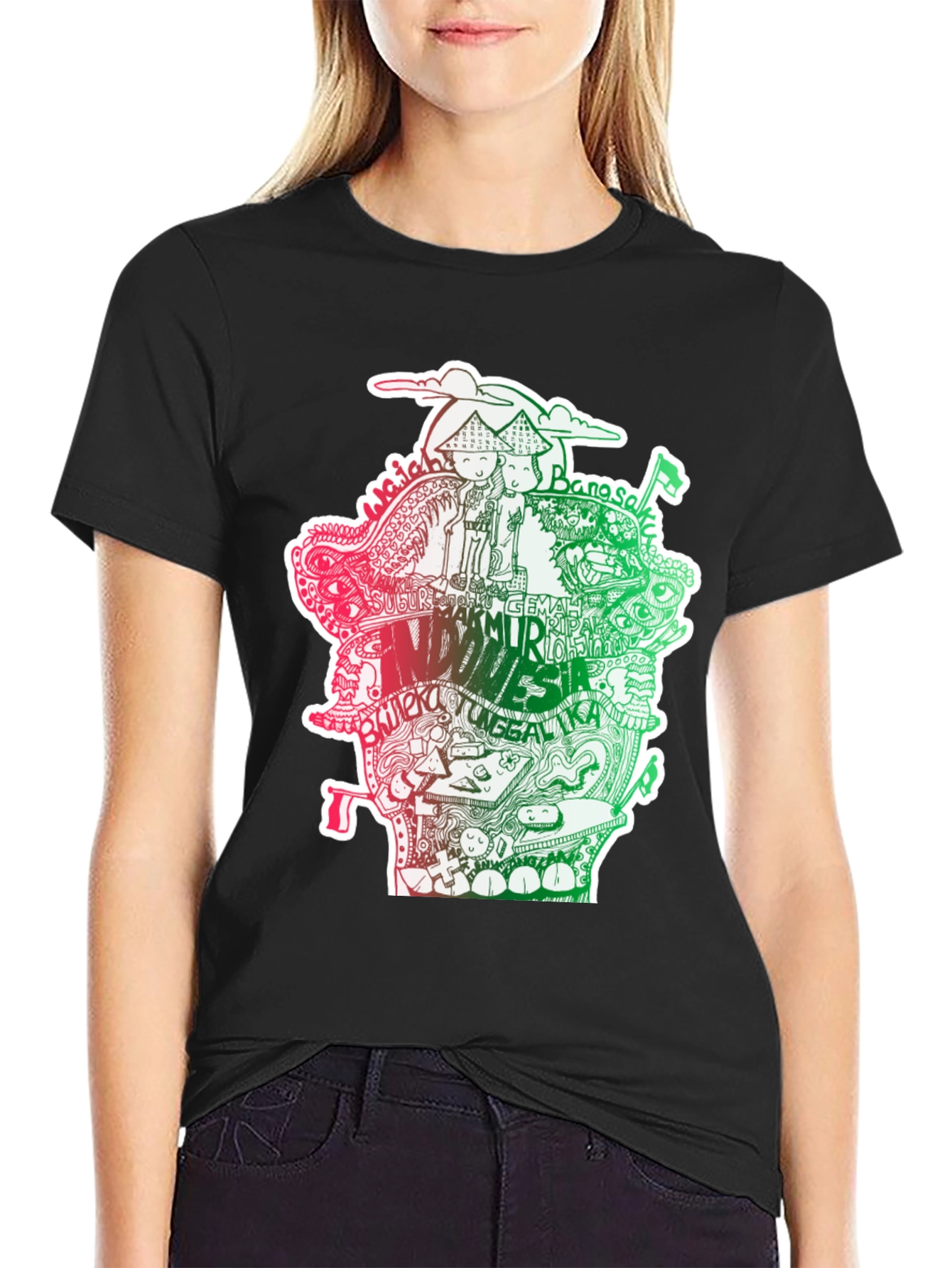 Black Indonesia Doodle Art Black T-Shirt view 2