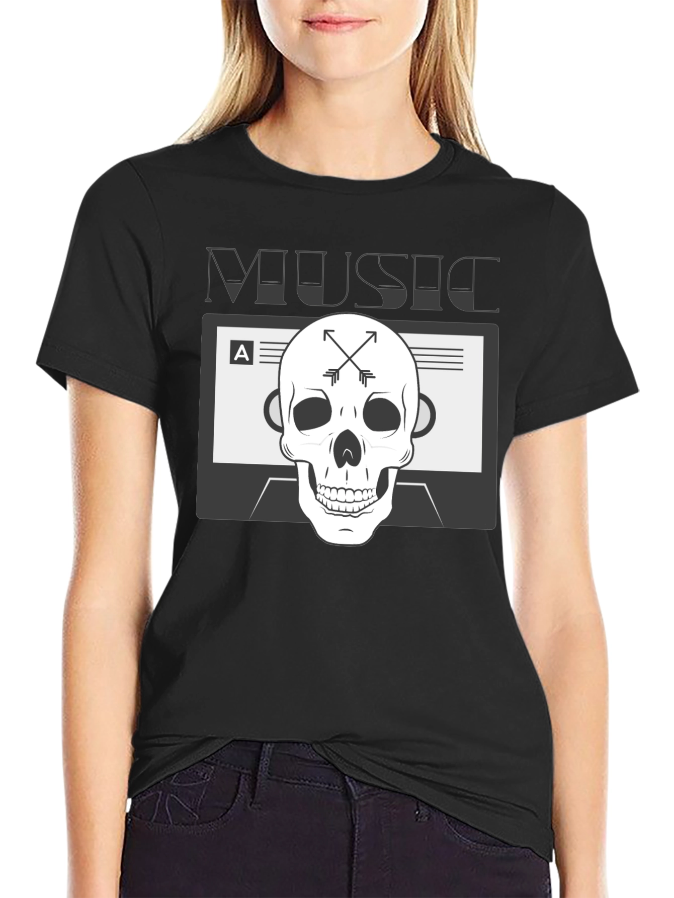 Black Music Skull Graphic Tee - Black Cotton Blend T-Shirt view 2