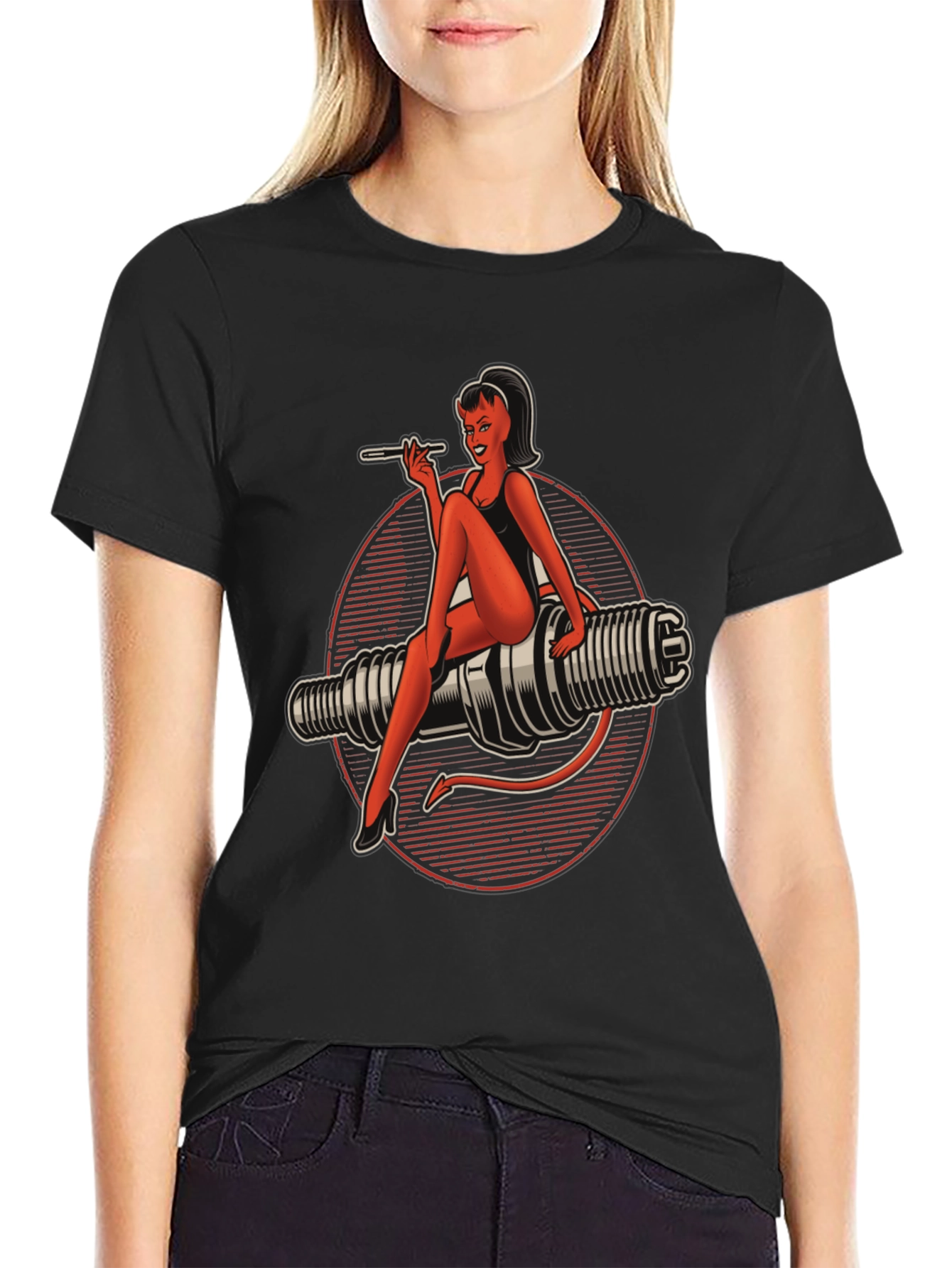 Black Devil Pin-Up Girl Spark Plug Graphic T-Shirt view 2