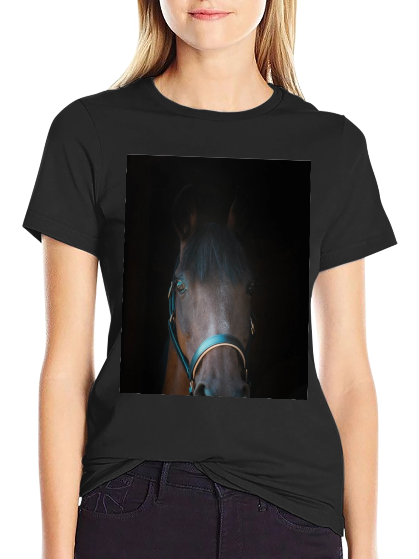 Black Horse Portrait Black T-Shirt - Equestrian Style view 2