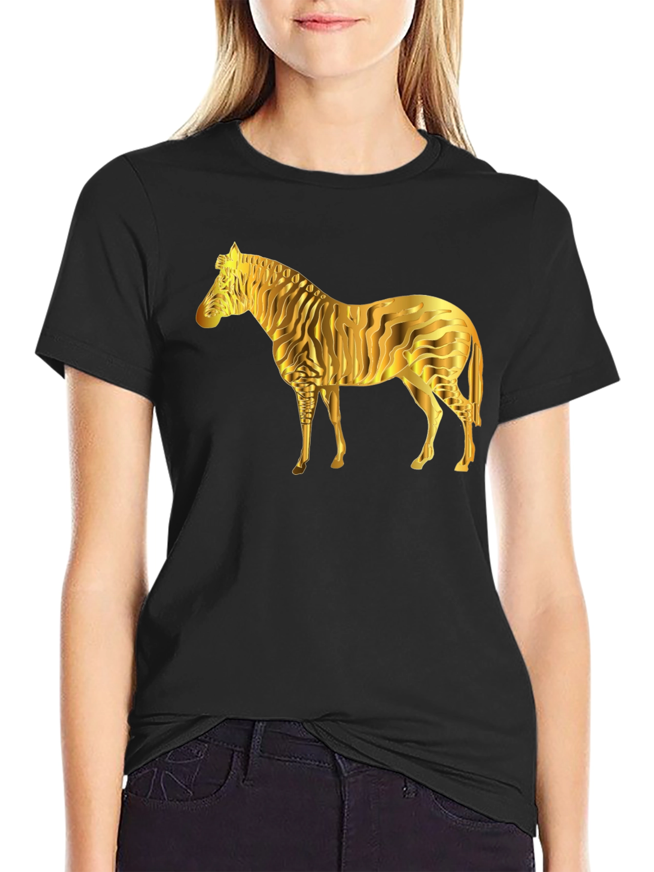 Black Golden Zebra Graphic Black T-Shirt view 2