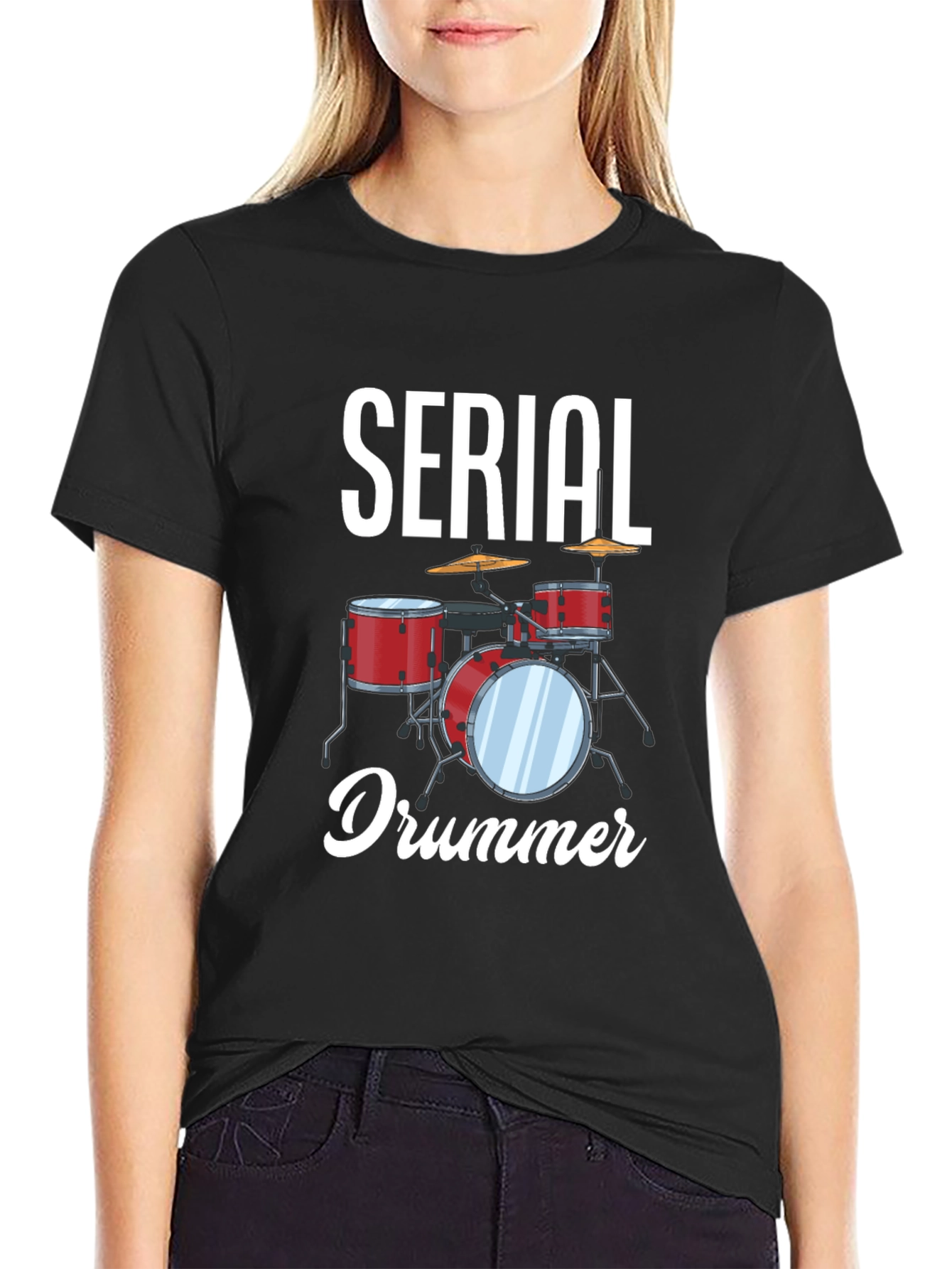 Black Serial Drummer Graphic Tee - Black Cotton T-Shirt view 2
