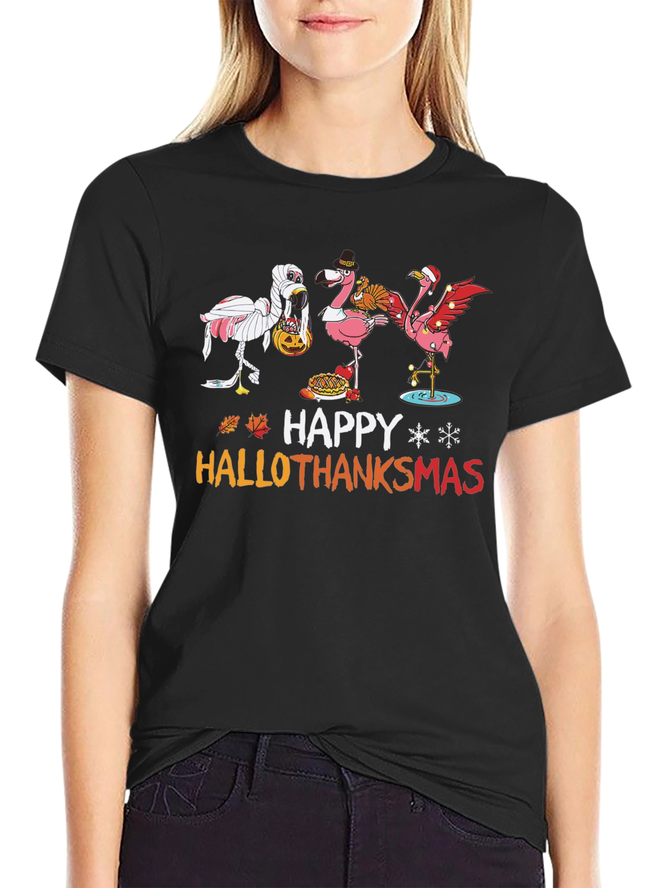 Black Happy Hallothanksmas Flamingo T-Shirt view 2