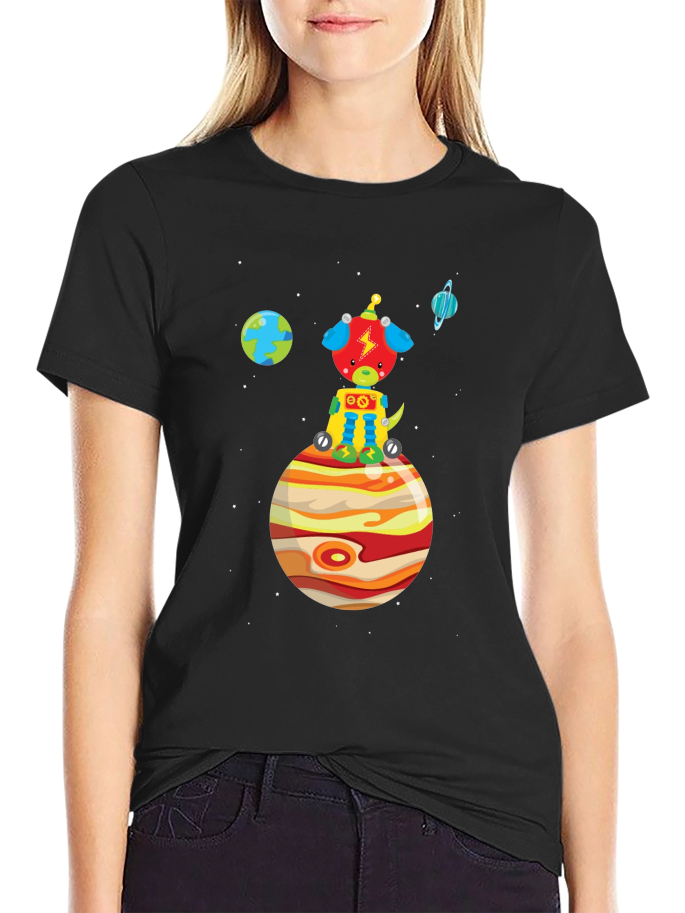 Black Space Pup T-Shirt - Black Cotton Tee with Planet Design view 2