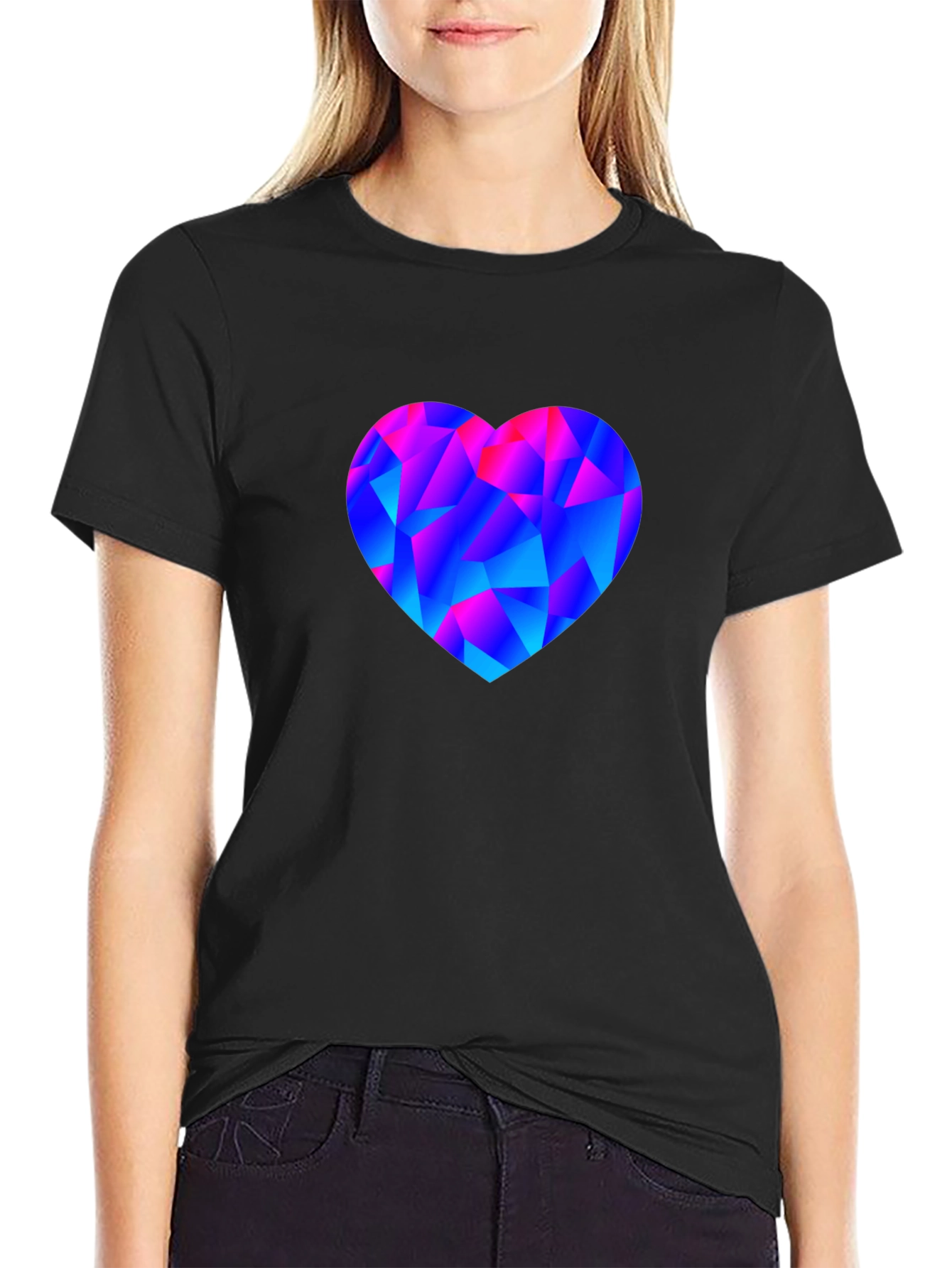 Black Geometric Heart Print Black T-Shirt view 2