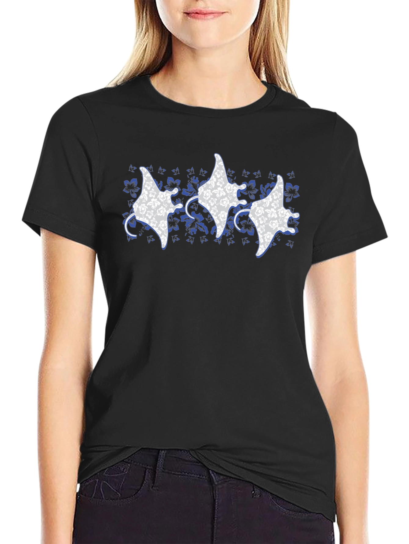 Black Floral Manta Ray Print Crew Neck T-Shirt view 2