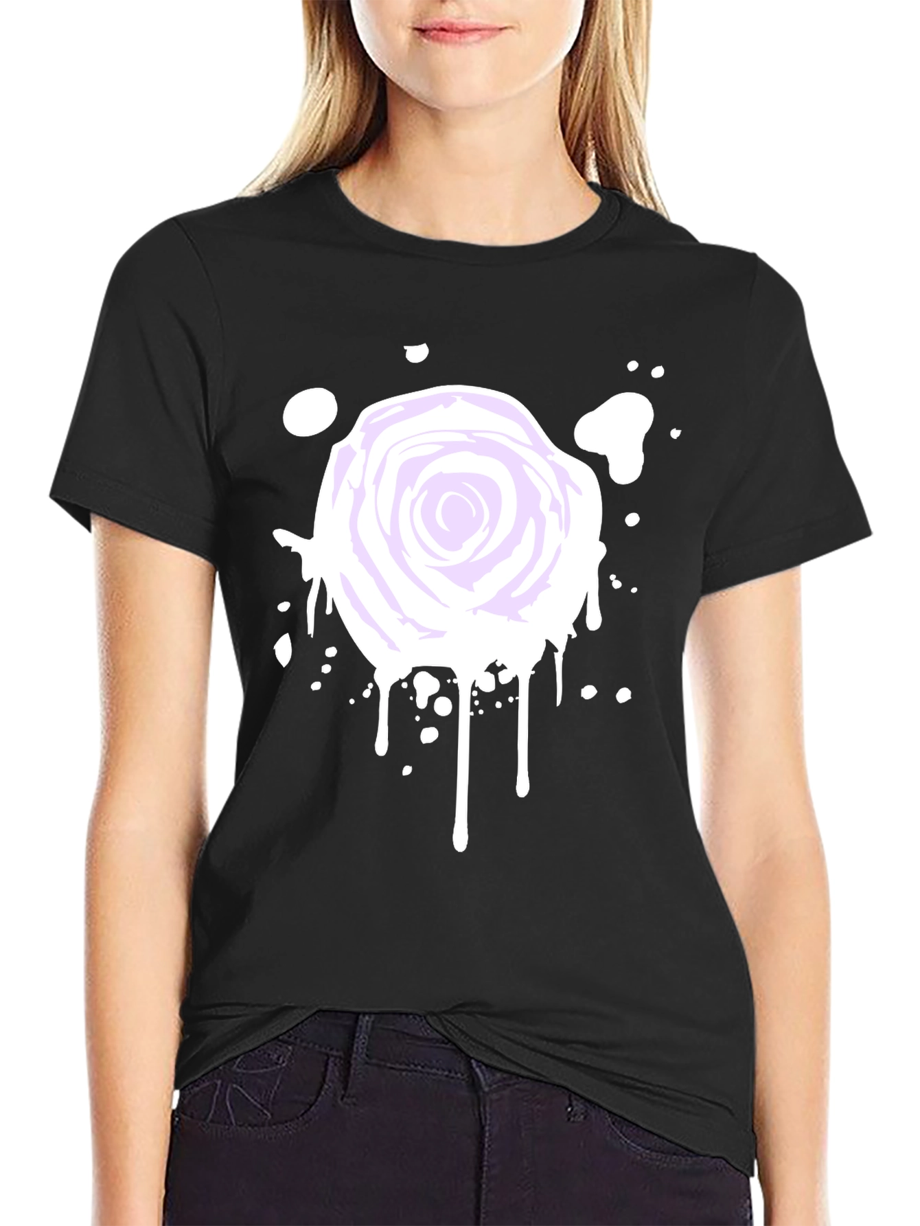 Black Rose Splatter Graphic Tee - Black Cotton Blend view 2