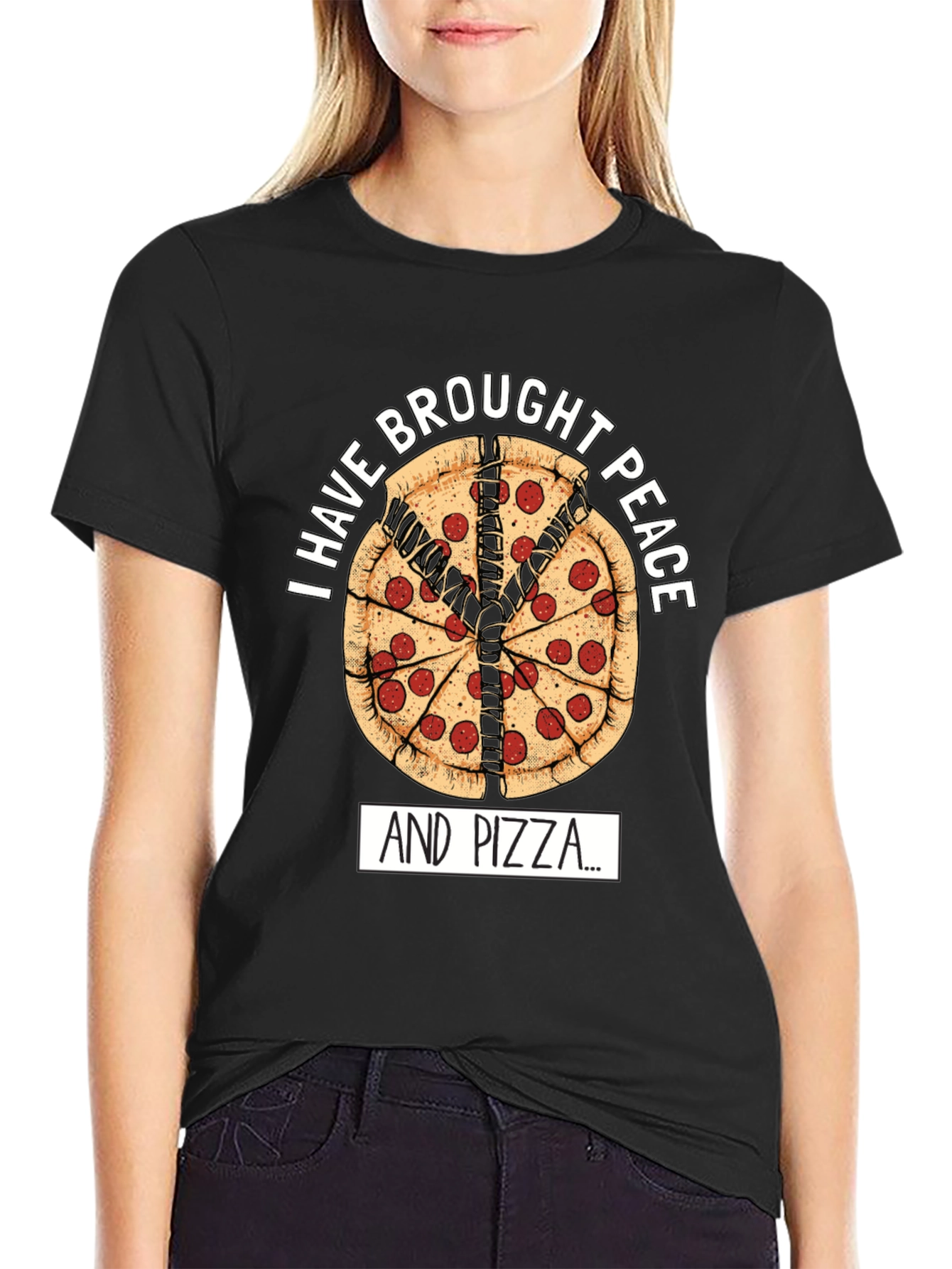 Black Peace Pizza T-Shirt - "I Have Brought Peace And Pizza" view 2