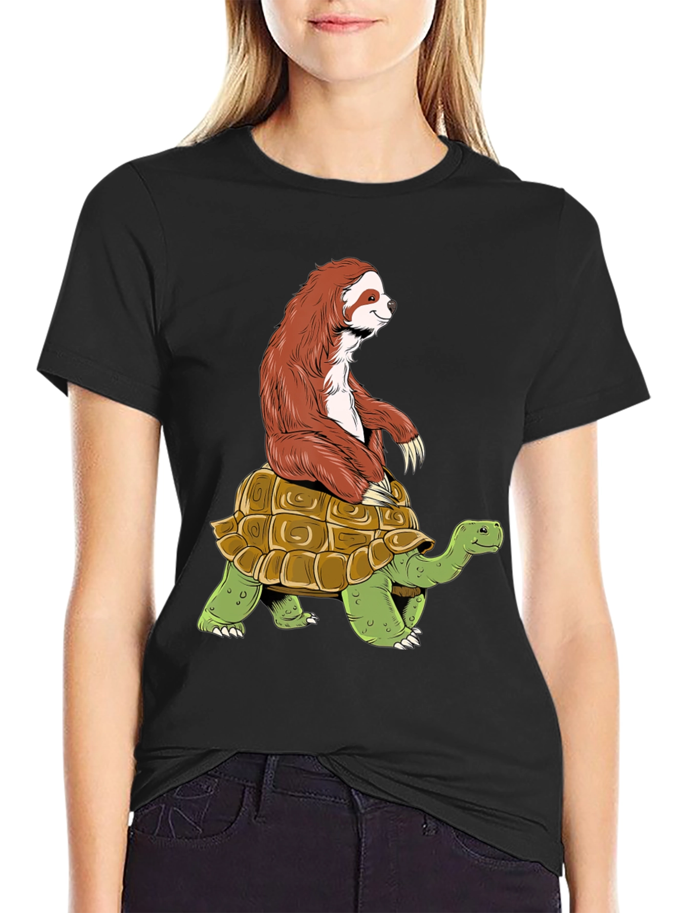 Black Sloth Riding Turtle Graphic Tee - Funny Animal Shirt view 2