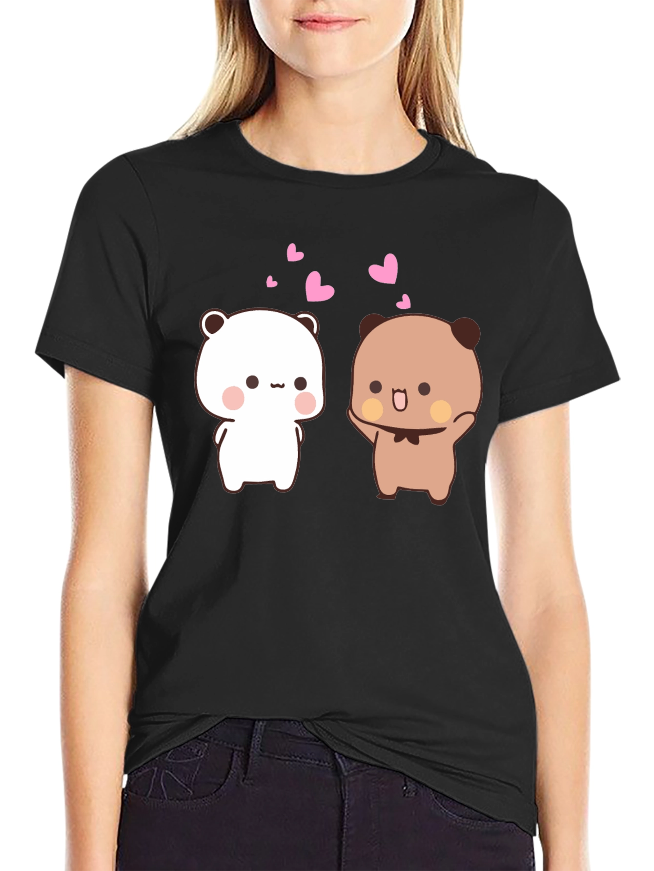 Black Cute Cartoon Bears Black T-Shirt view 2