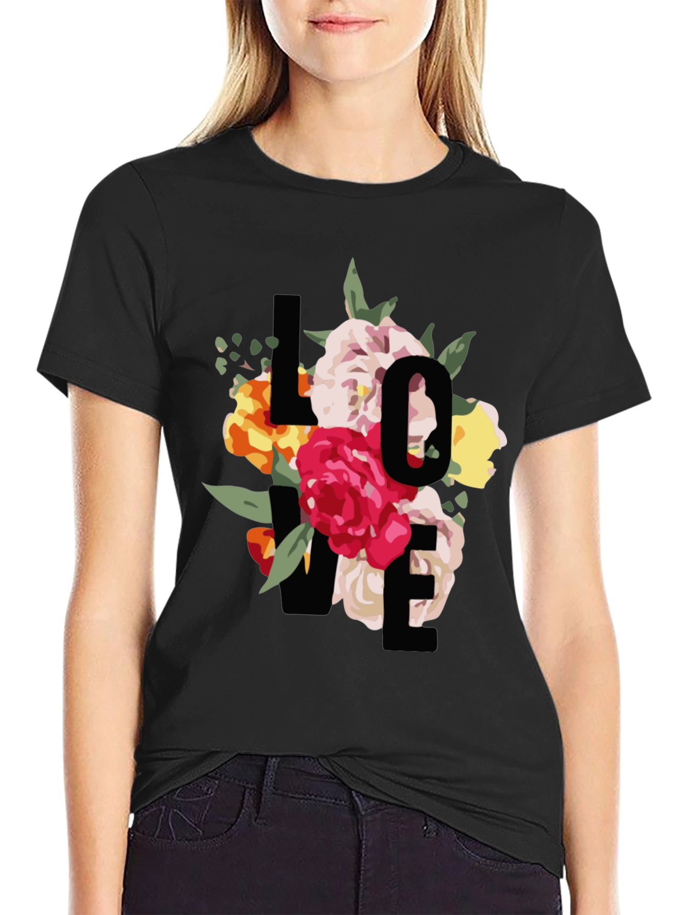 Black Floral Love Graphic Black T-Shirt view 2