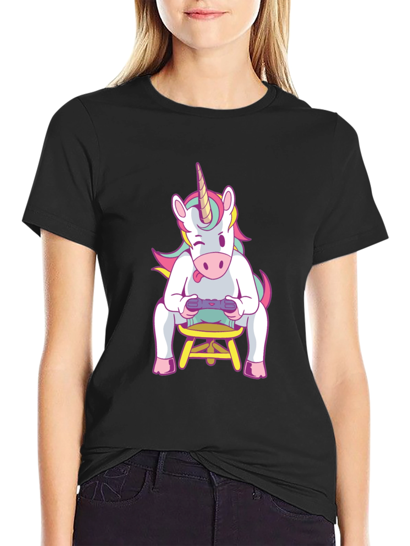 Black Unicorn Gamer T-Shirt - Black Cotton Tee view 2