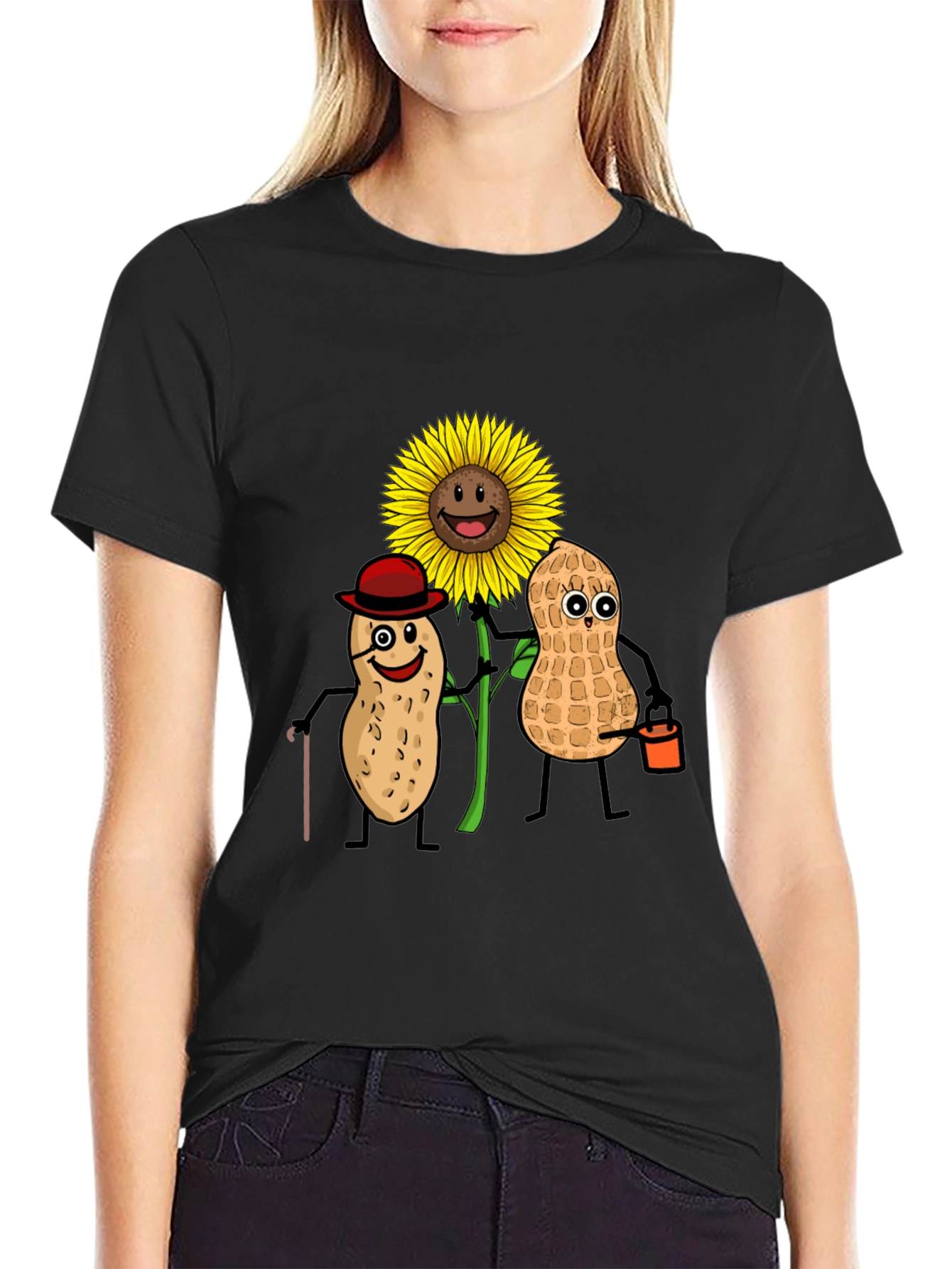 Black Funny Peanut Sunflower Graphic T-Shirt view 2