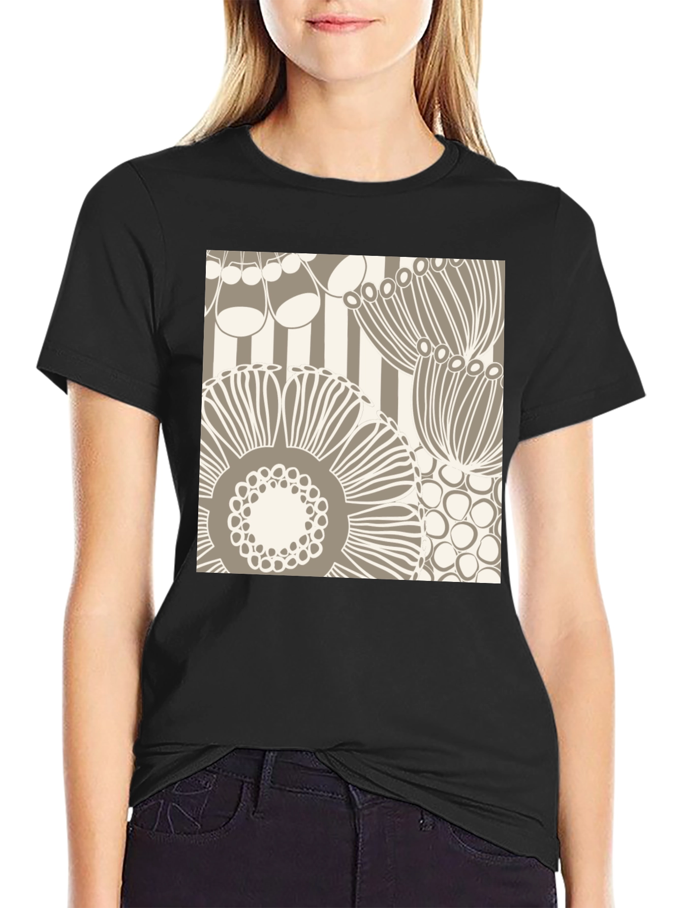 Black Abstract Floral Graphic Print Black T-Shirt view 2