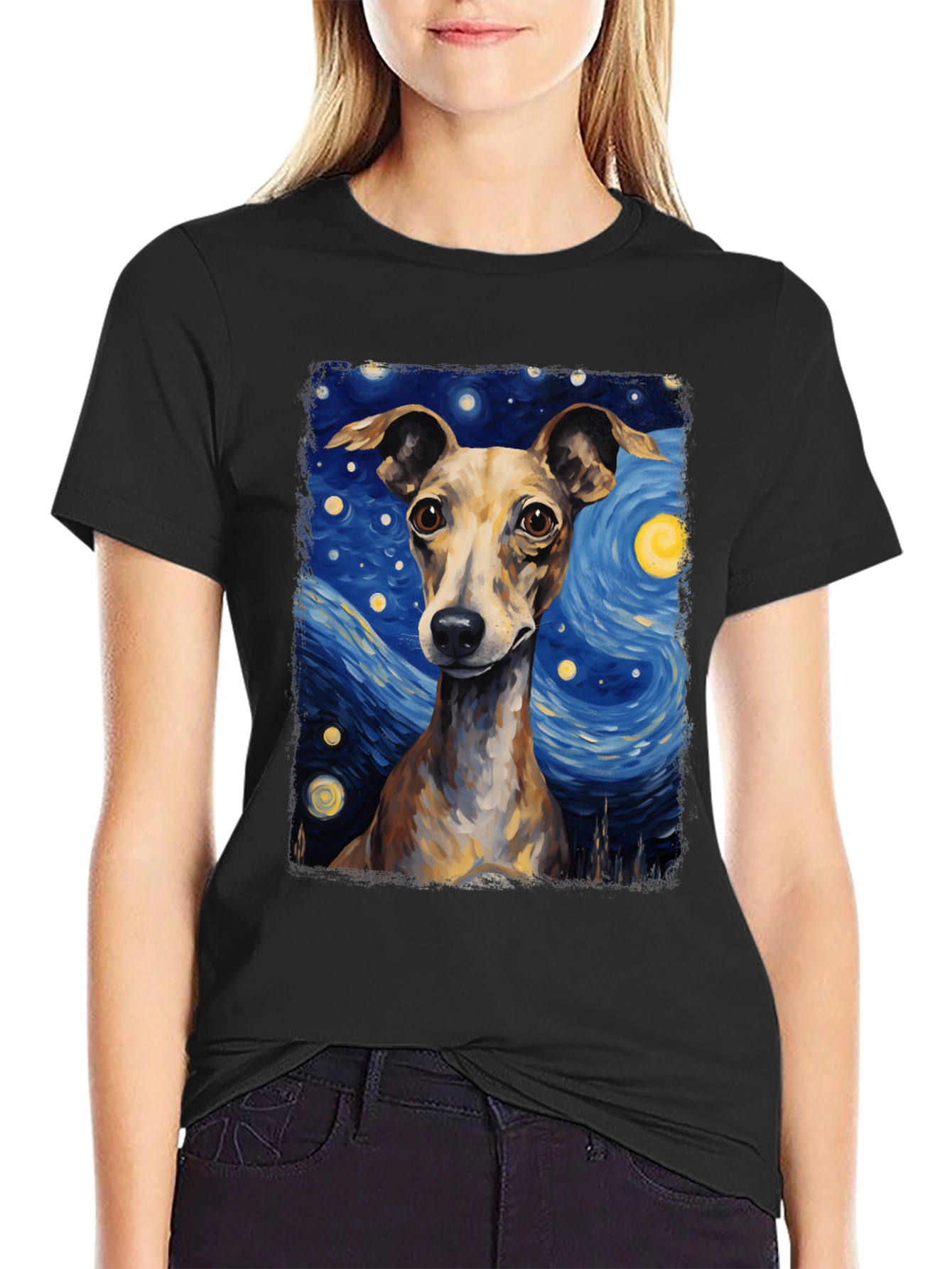 Black Starry Night Dog T-Shirt - Unique Artistic Tee view 2