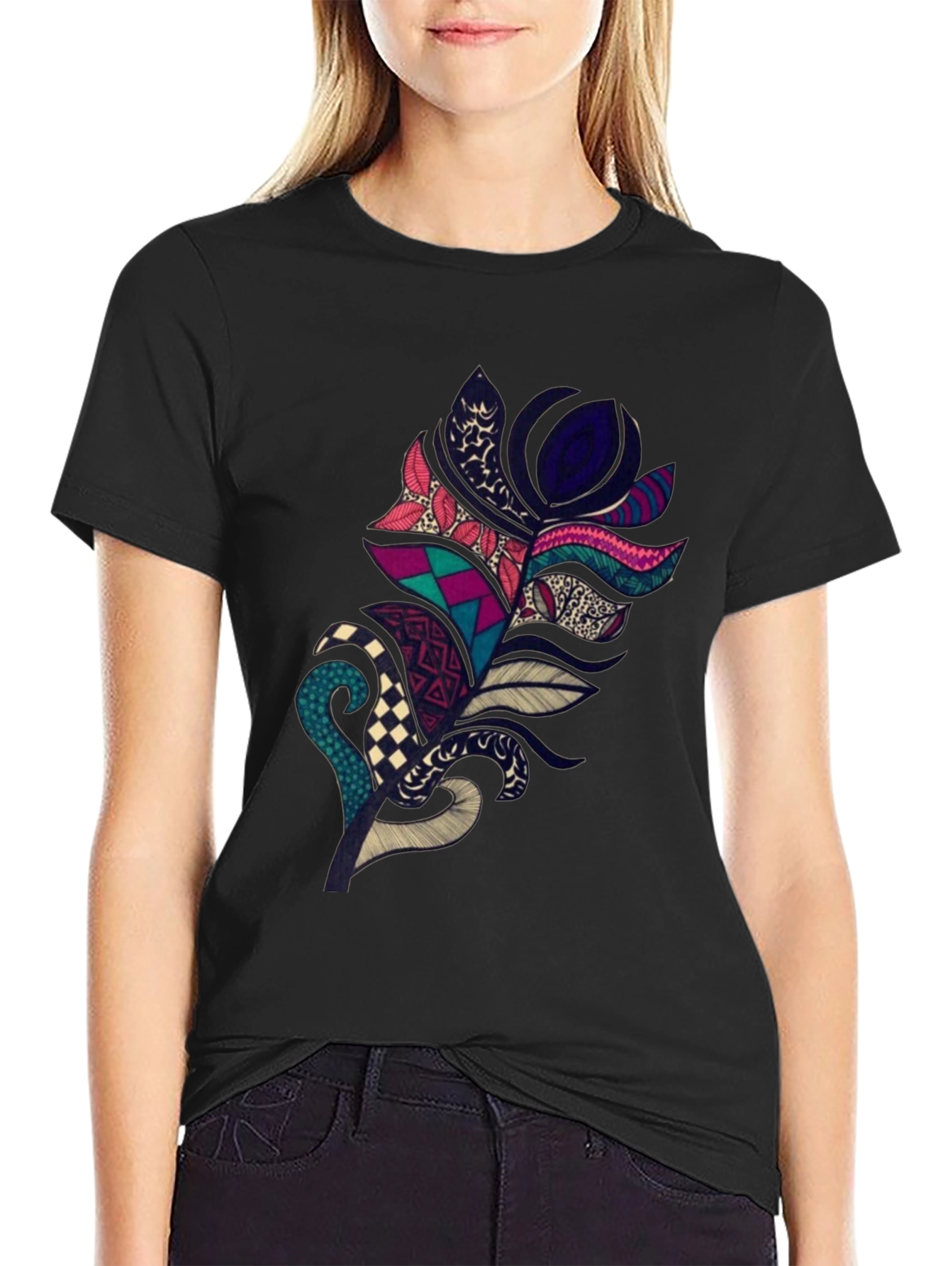 Black Boho Feather Graphic Tee - Stylish Black T-Shirt view 2
