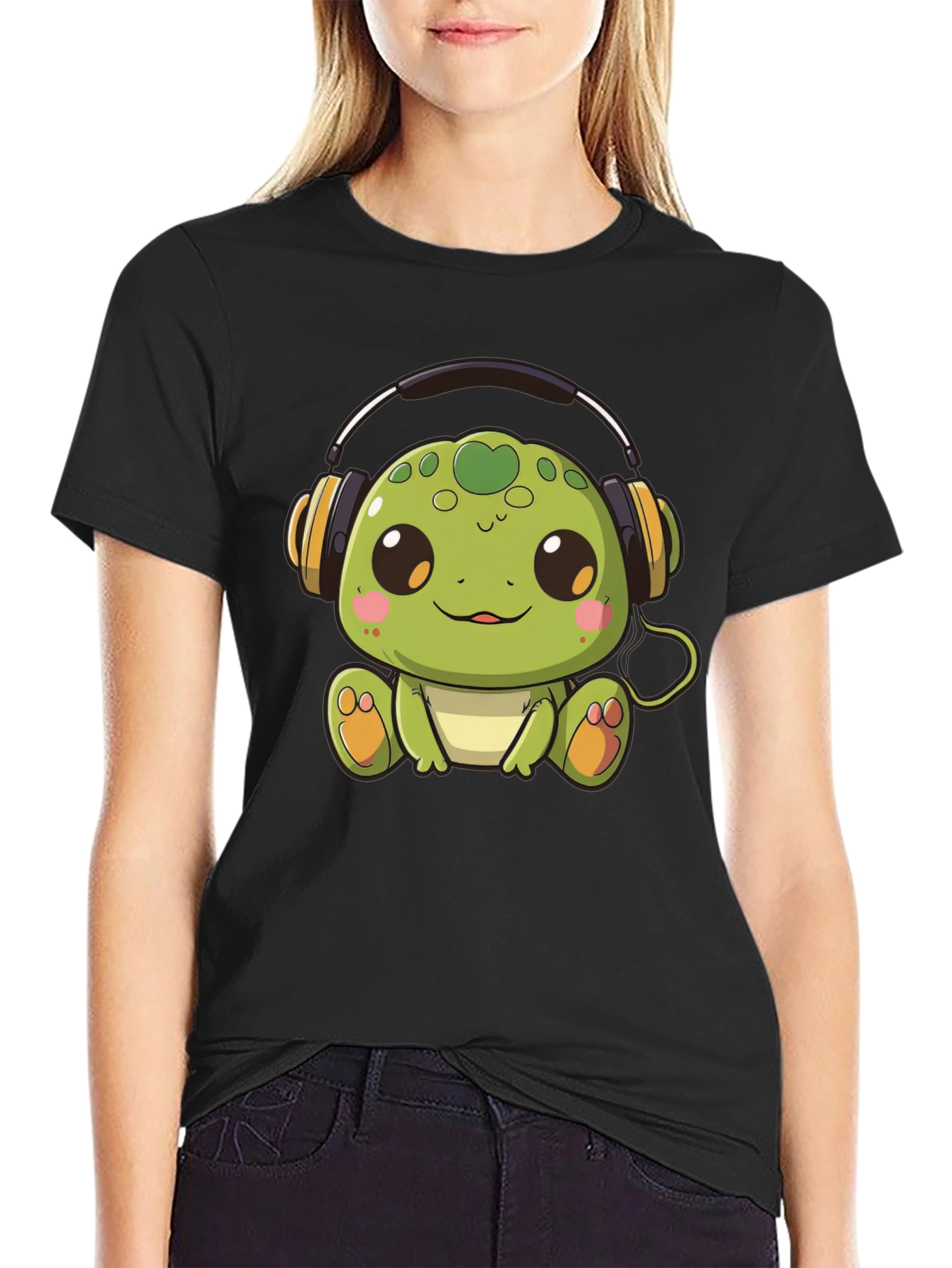 Black Cute Turtle with Headphones Black T-Shirt view 2