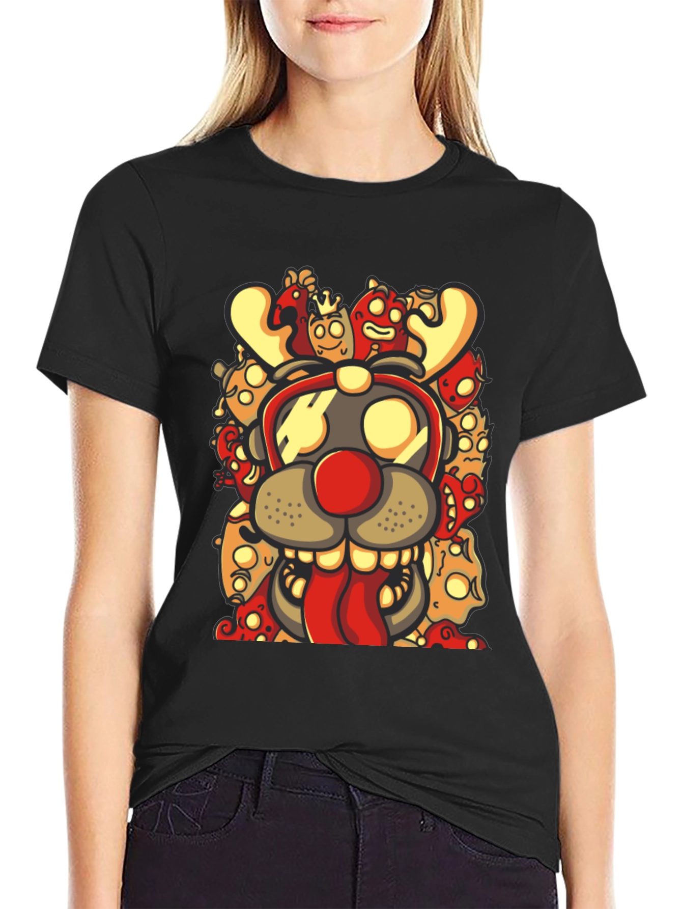 Black Cartoon Reindeer Graphic Black T-Shirt view 2
