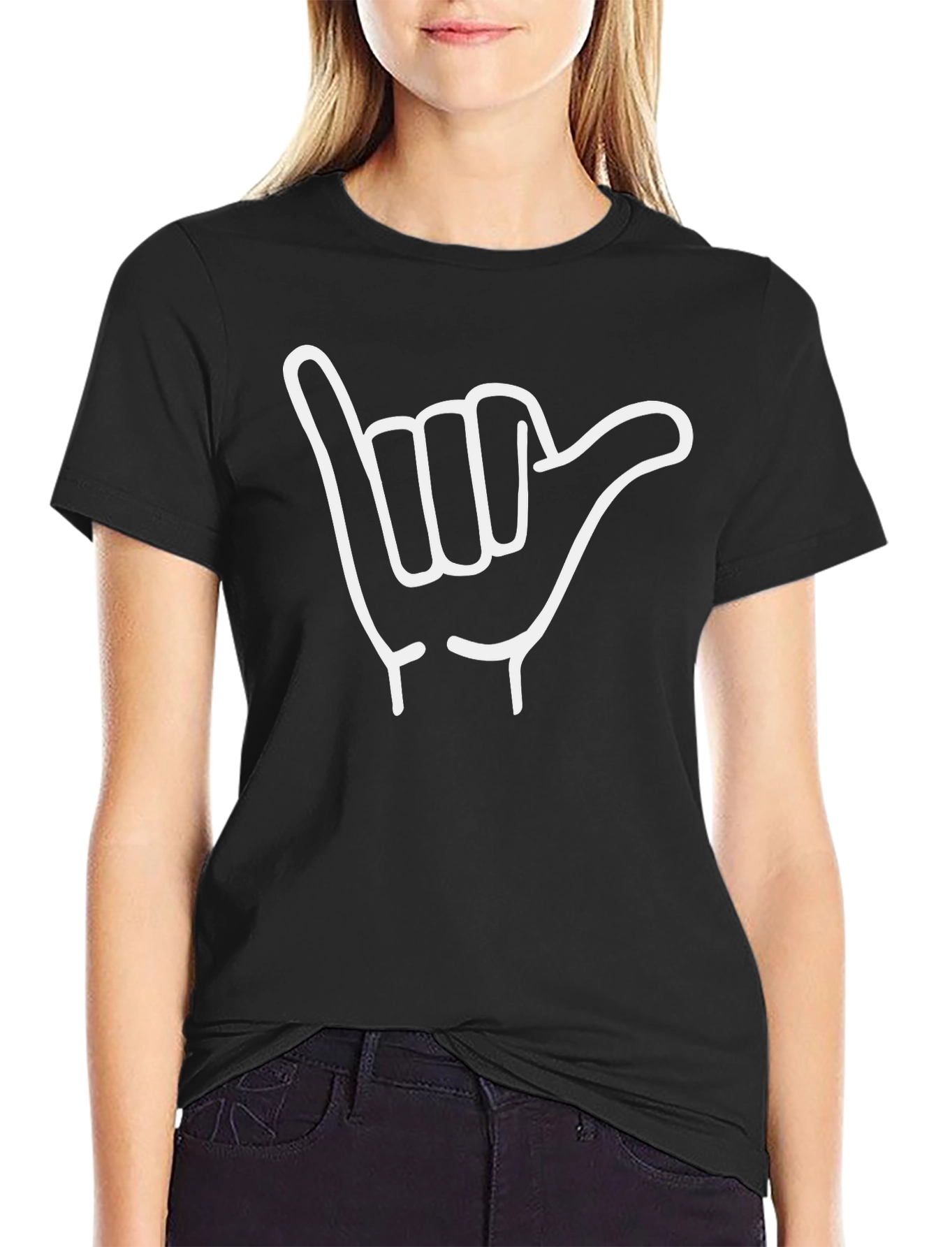 Black Hang Loose T-Shirt - Shaka Hand Gesture Tee view 2