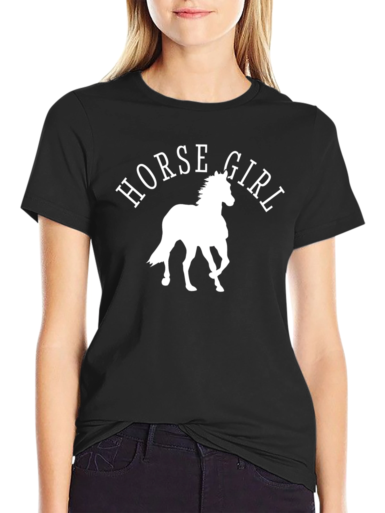 Black Horse Girl Graphic Tee - Black Cotton T-Shirt view 2