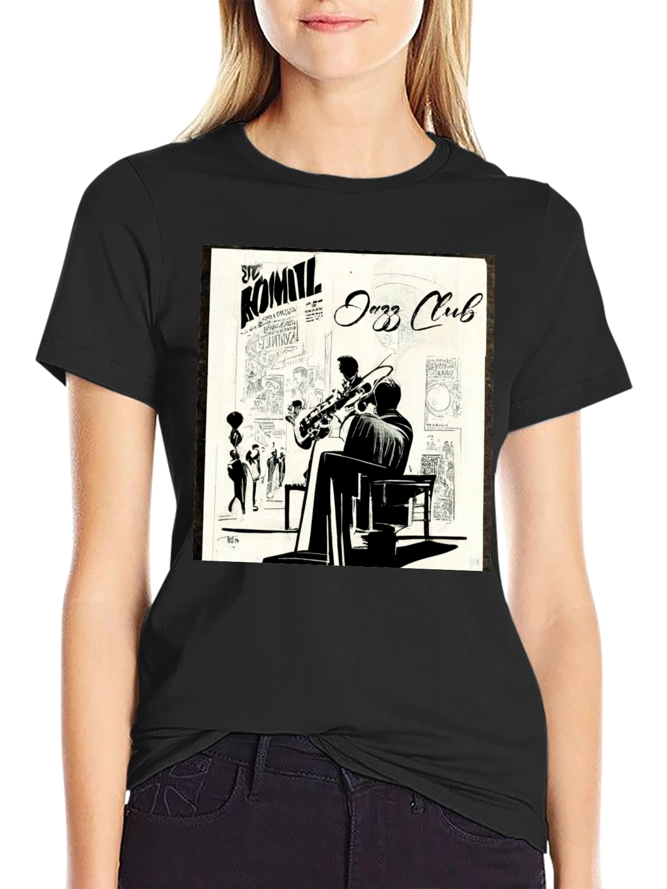 Black Vintage Jazz Club Graphic Tee - Stylish Black T-Shirt view 2
