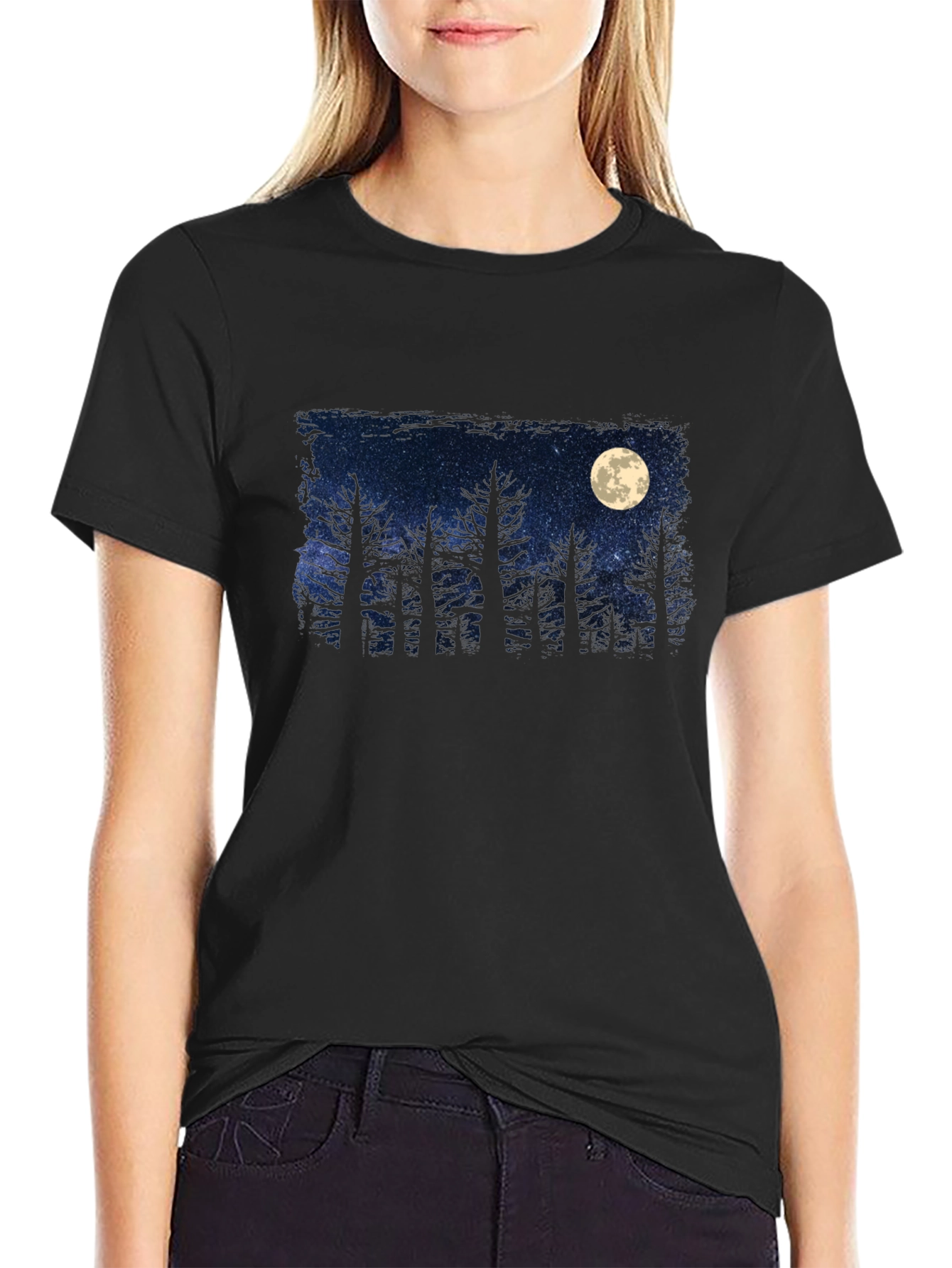 Black Moonlit Forest Graphic Tee - Dark Sky Design view 2