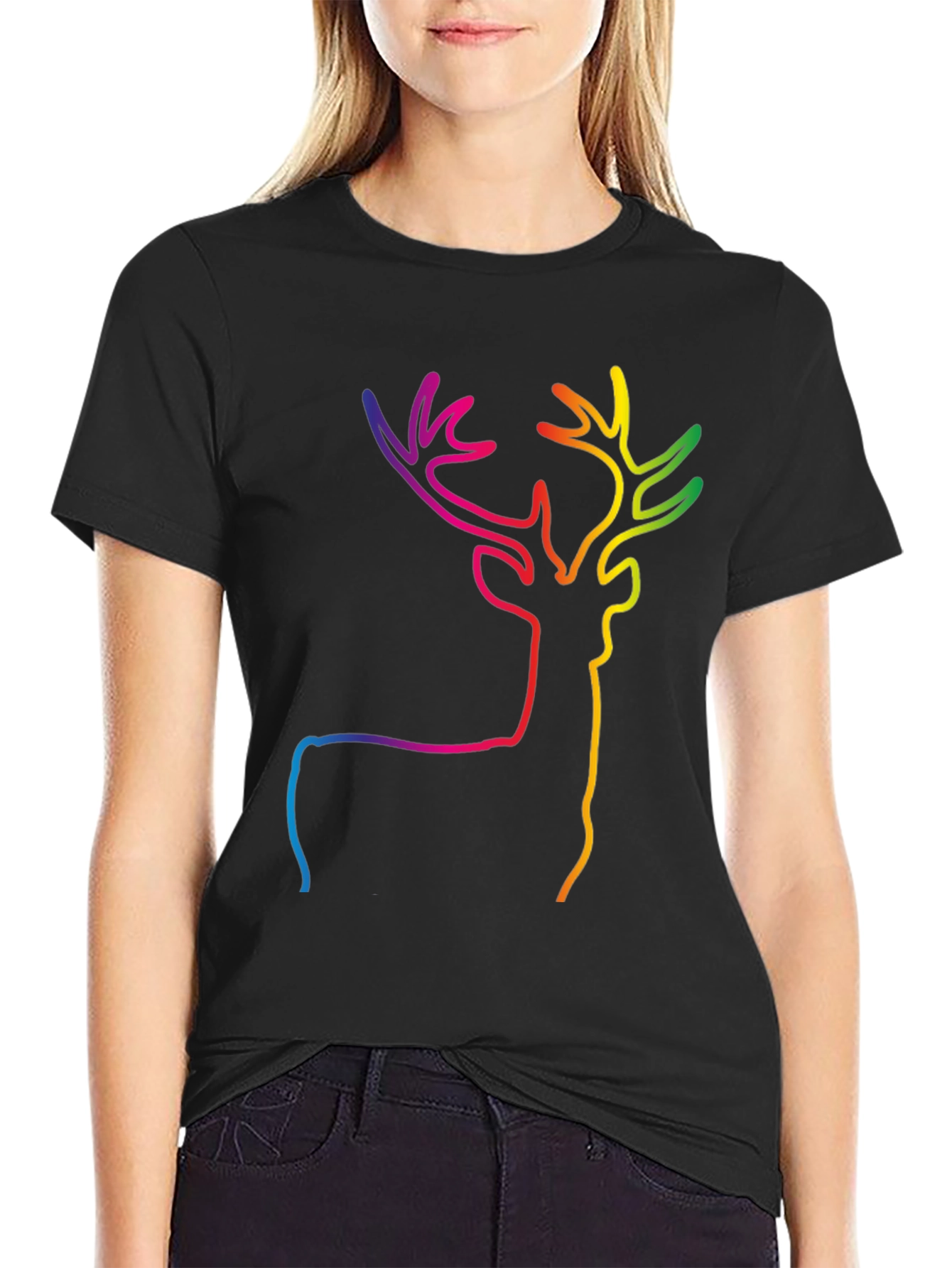Black Rainbow Deer Graphic Tee - Stylish Black T-Shirt view 2