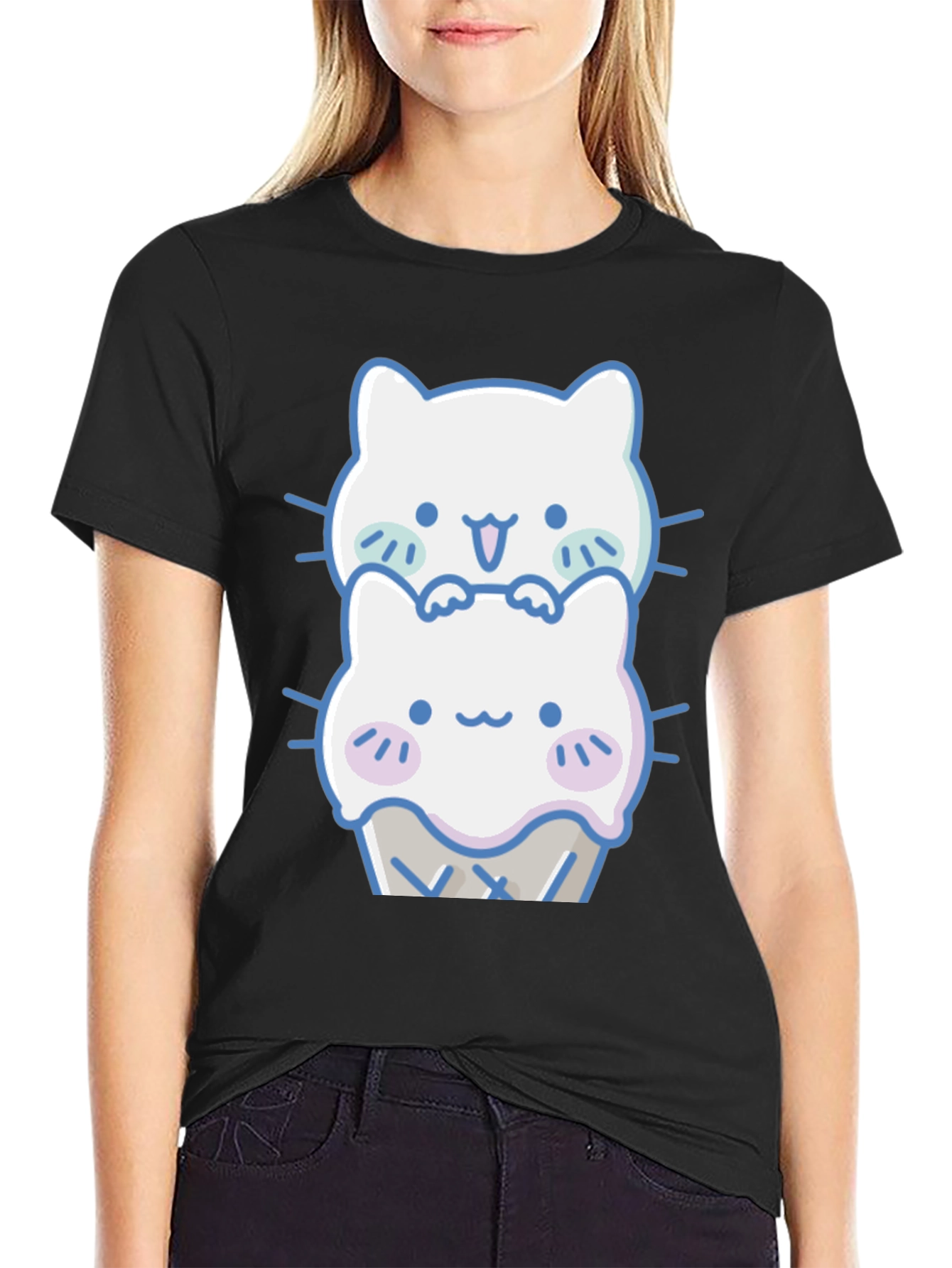 Black Cute Kawaii Cat Ice Cream T-Shirt view 2