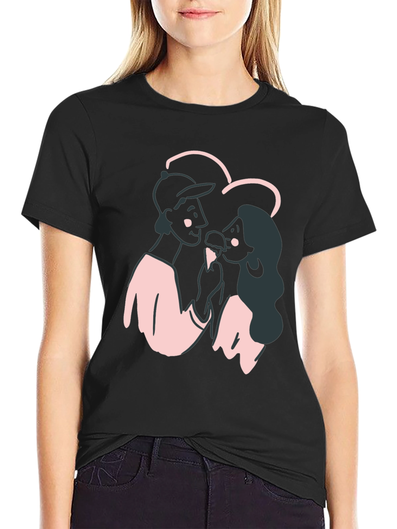 Black Couple's Cartoon Graphic Black T-Shirt view 2