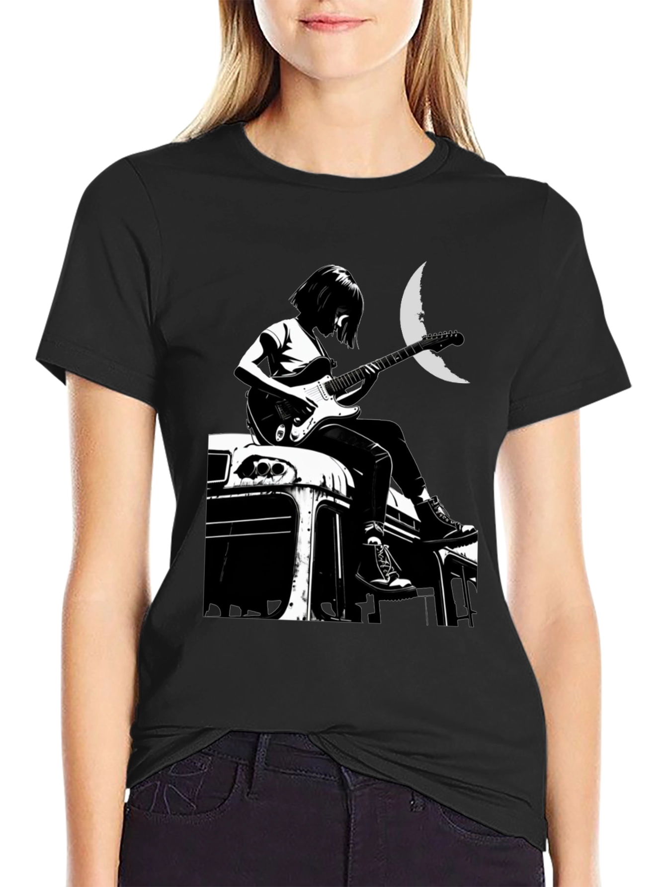 Black Guitarist Moon Graphic T-Shirt view 2