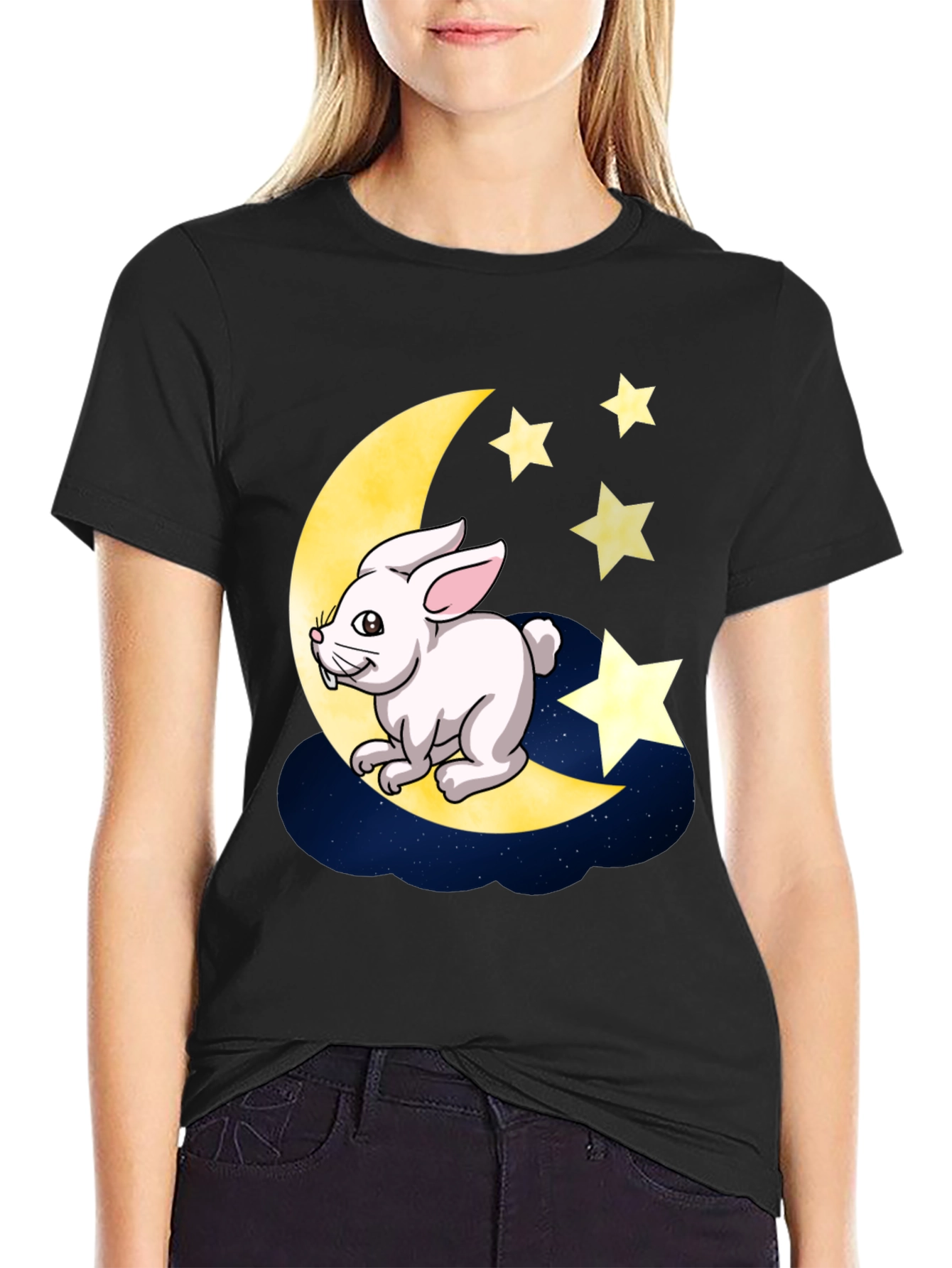 Black Moon Rabbit Graphic Tee - Black Cotton T-Shirt view 2