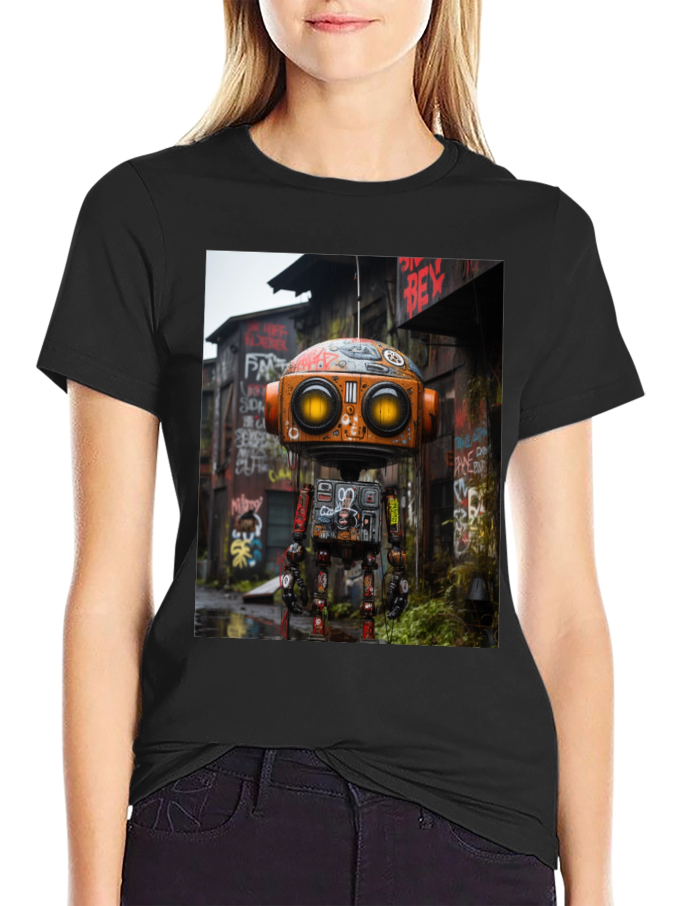 Black Urban Robot T-Shirt - Unique Graphic Tee view 2