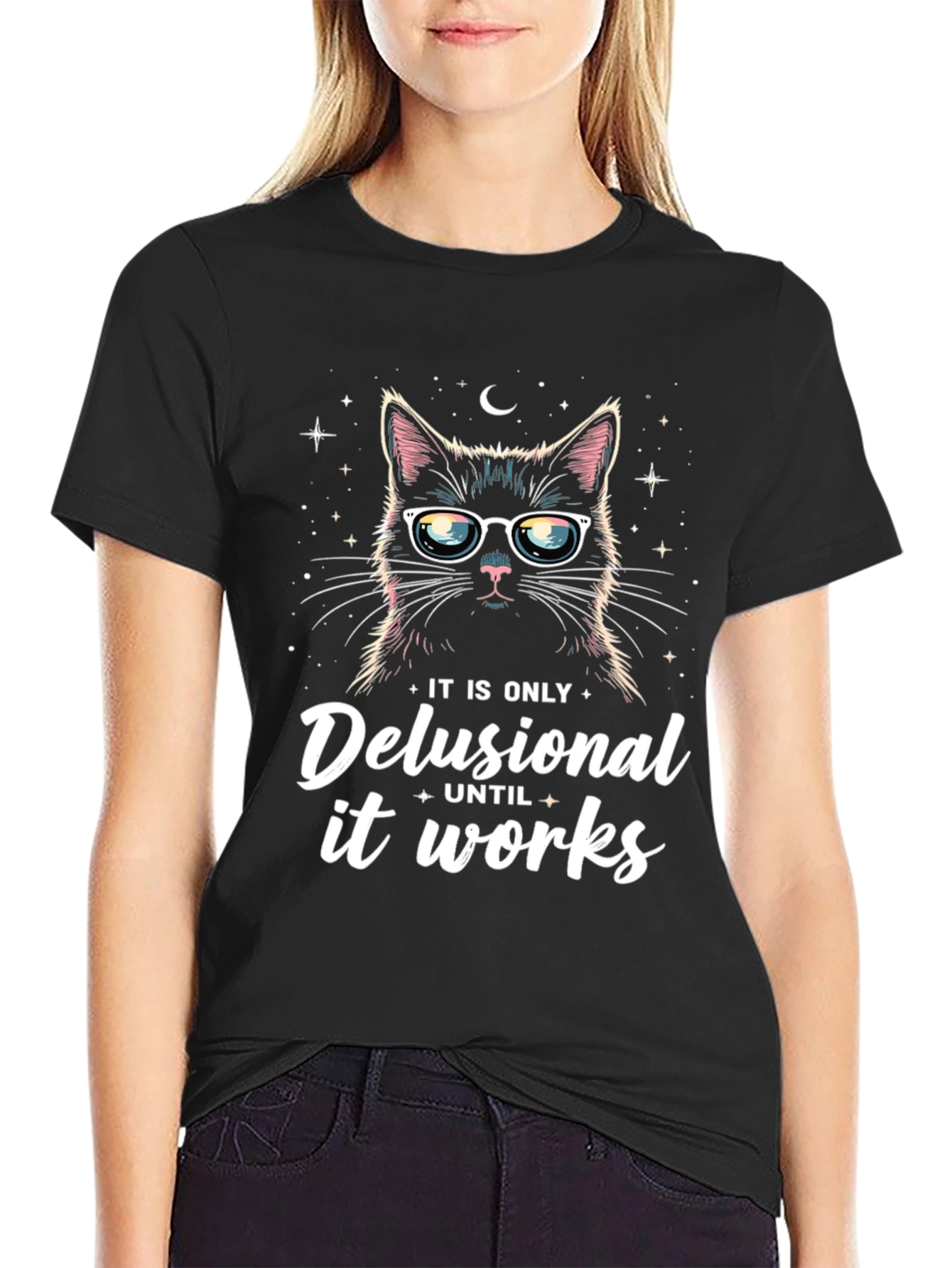 Black Delusional Cat T-Shirt - Funny Unisex Tee view 2