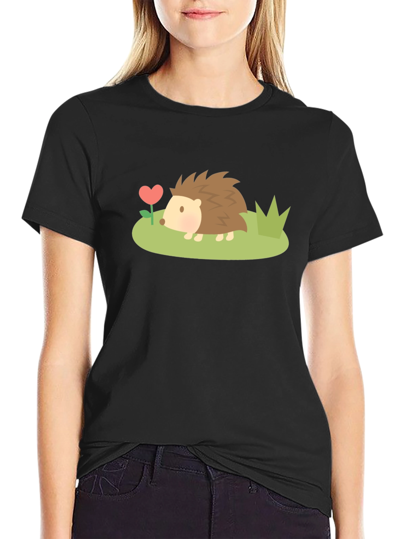 Black Cute Hedgehog Heart Flower Graphic T-Shirt view 2