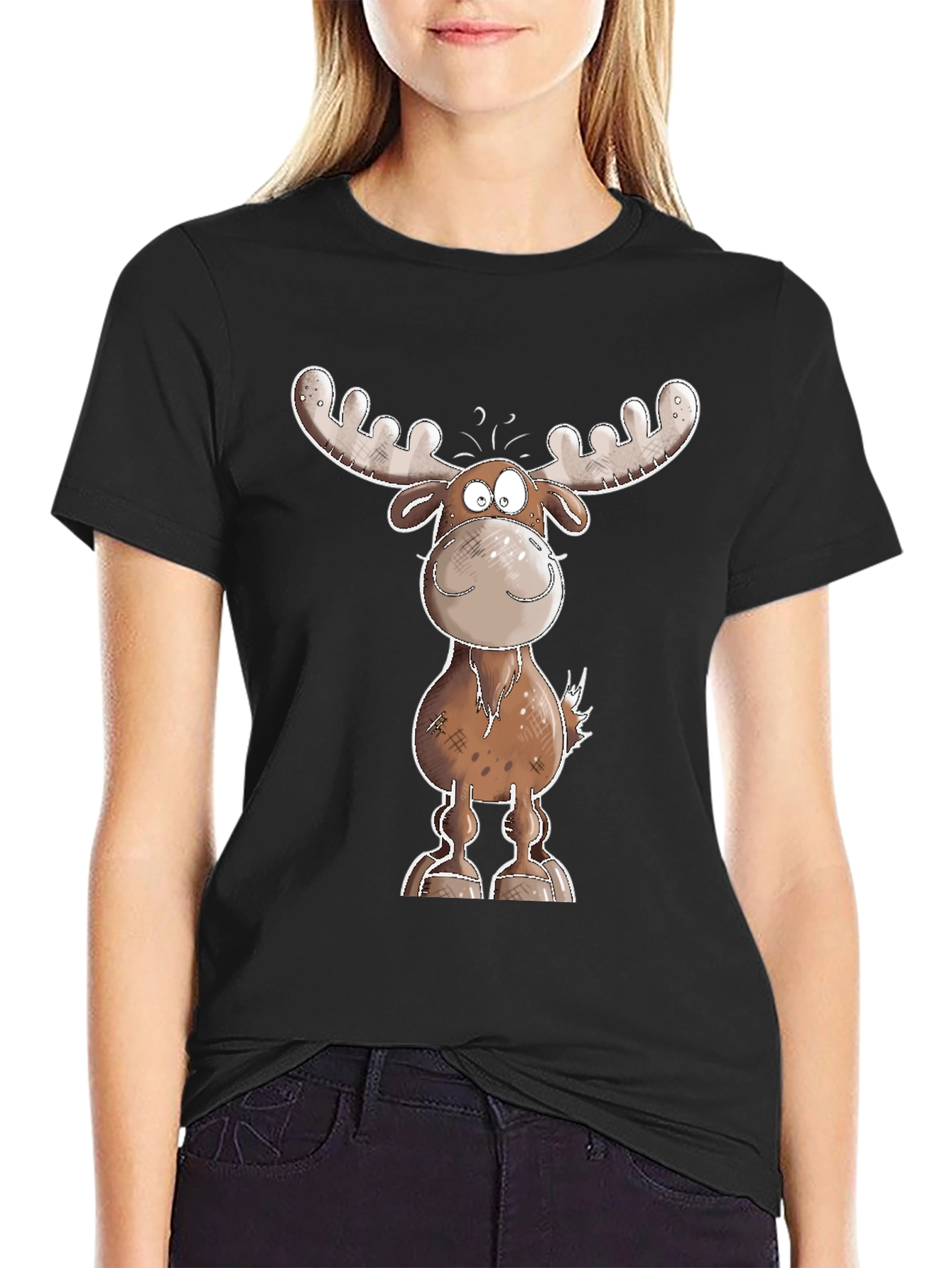 Black Cartoon Moose Graphic Tee - Black T-Shirt view 2