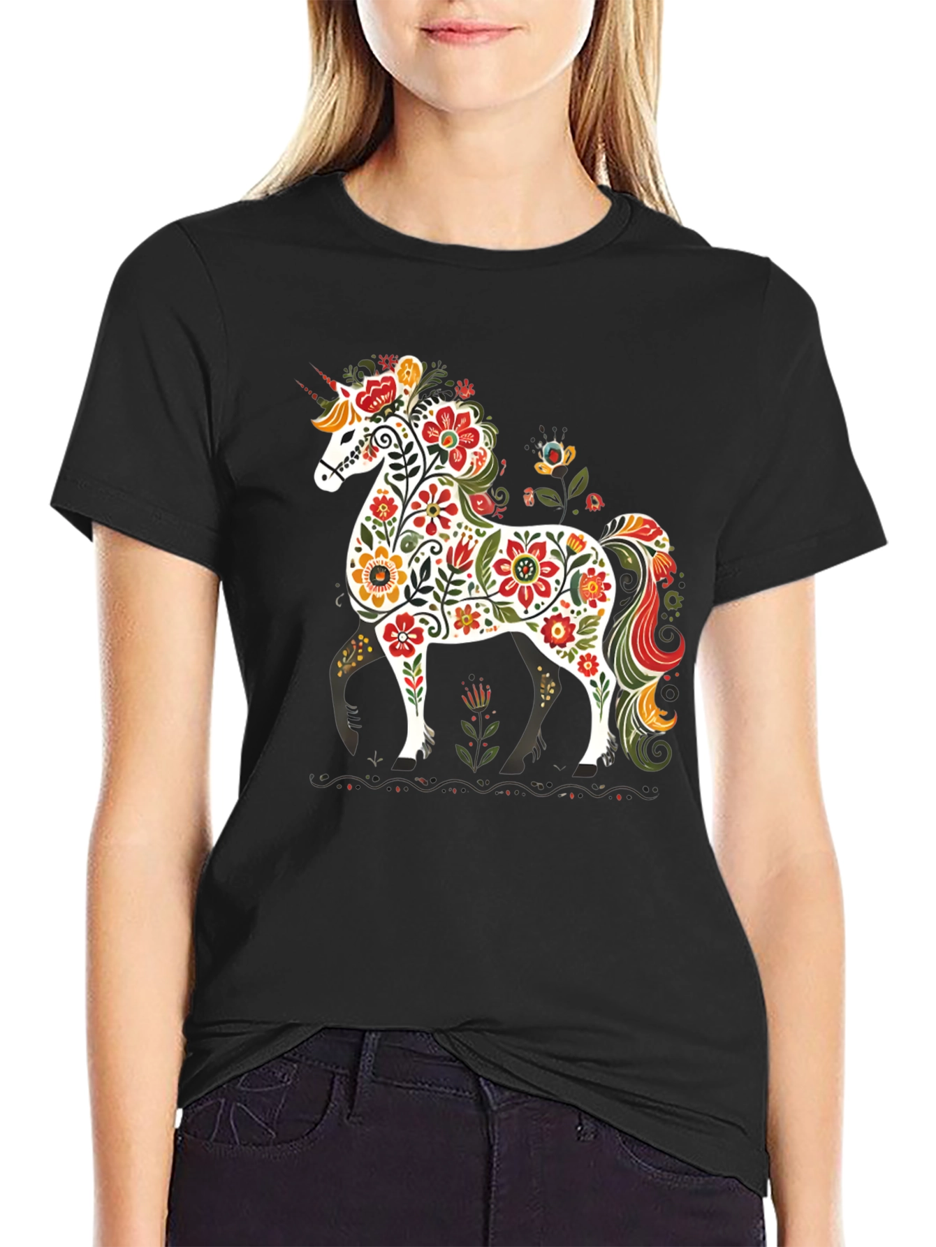 Black Floral Unicorn Graphic Tee - Black Unisex T-Shirt view 2