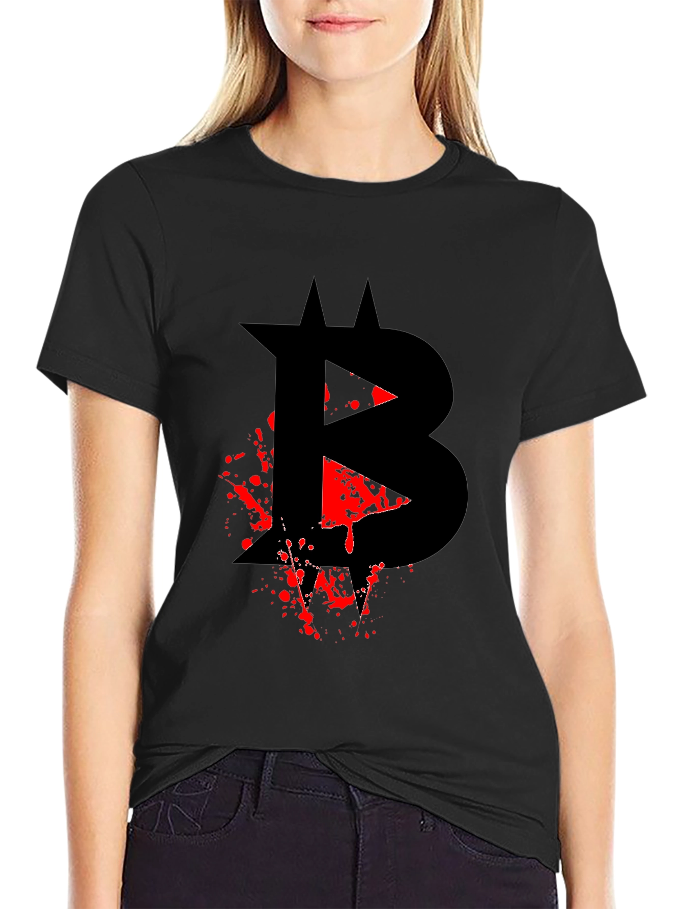 Black Bitcoin Blood Splatter Graphic Black T-Shirt view 2