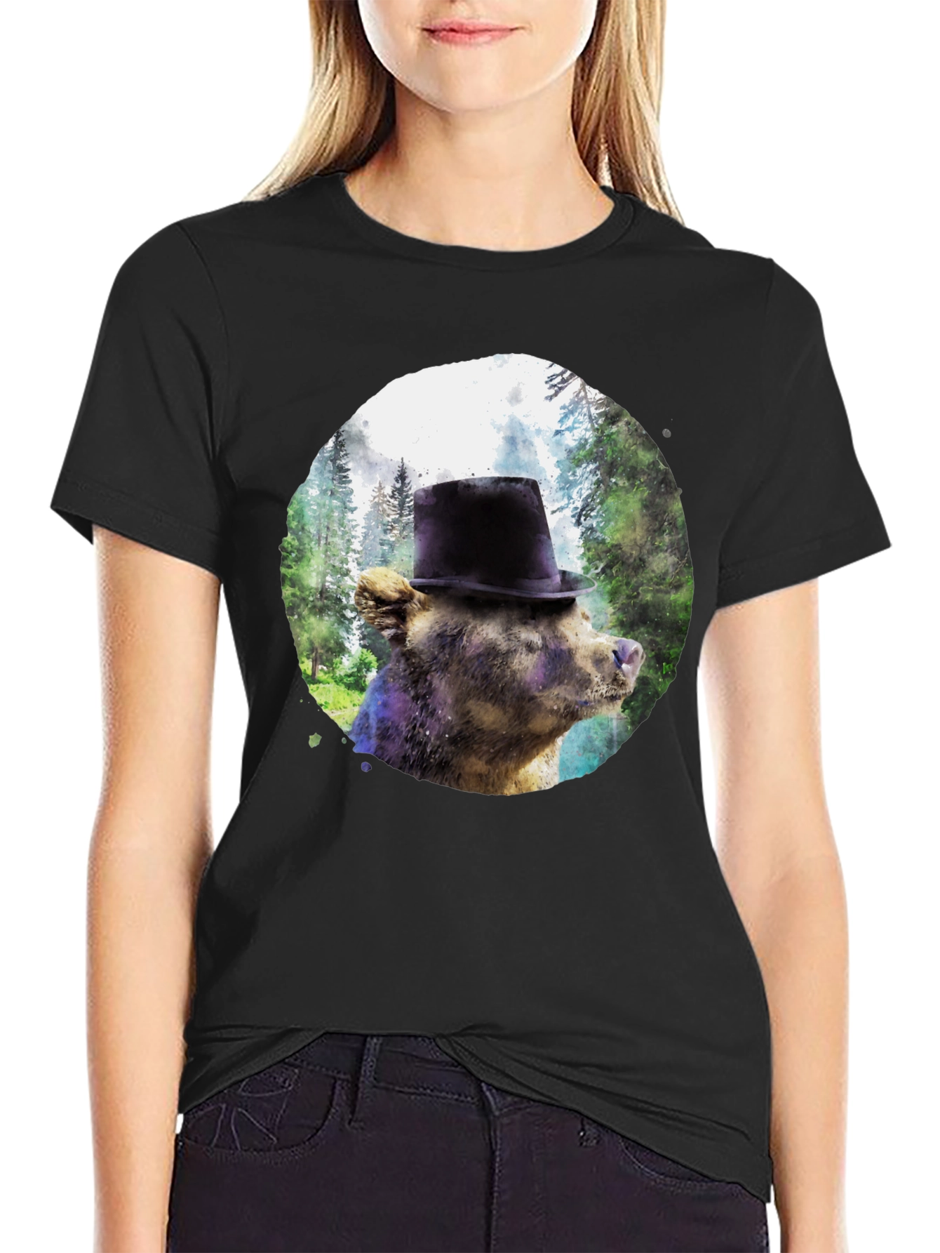 Black Bear in Top Hat Graphic Tee - Unique Forest Design view 2