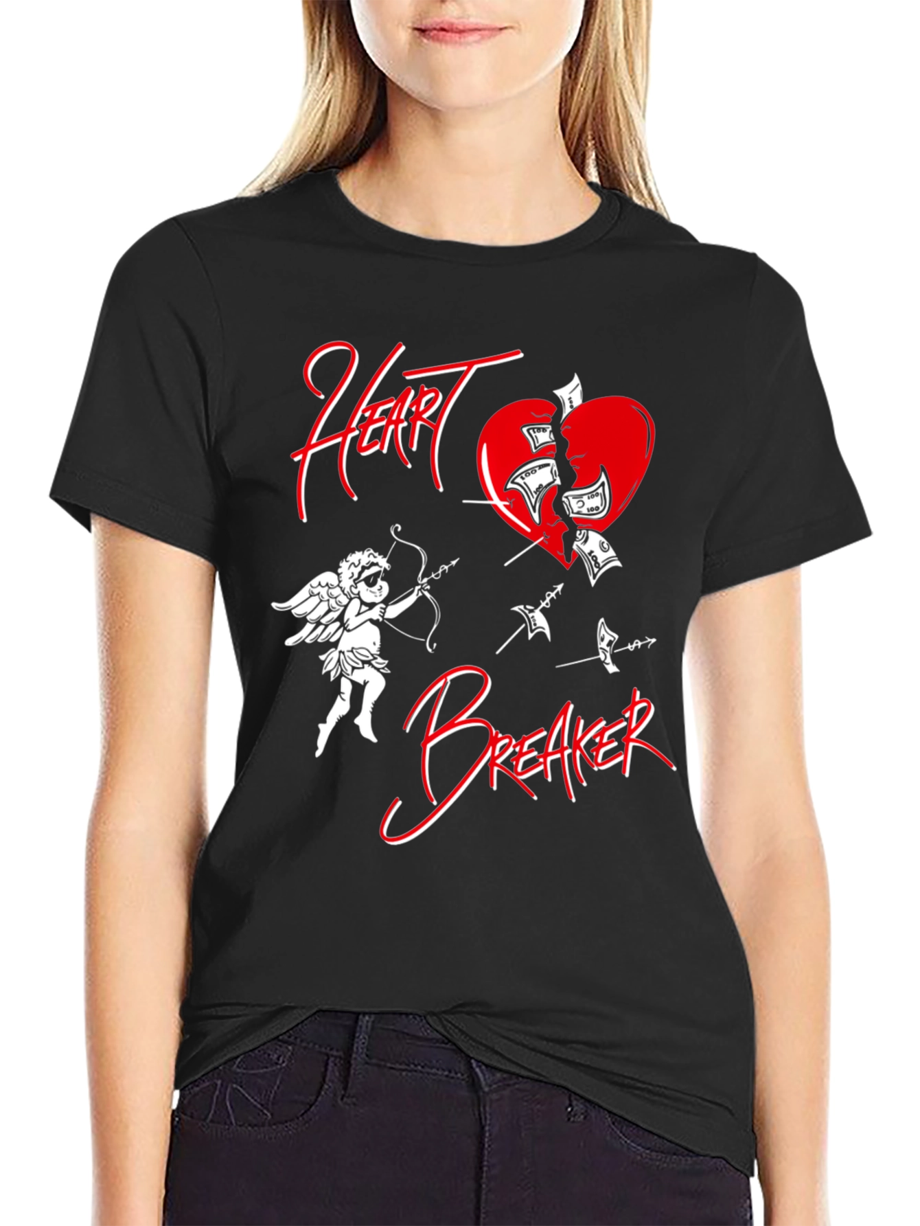 Black Heart Breaker T-Shirt with Cupid and Broken Heart Design view 2