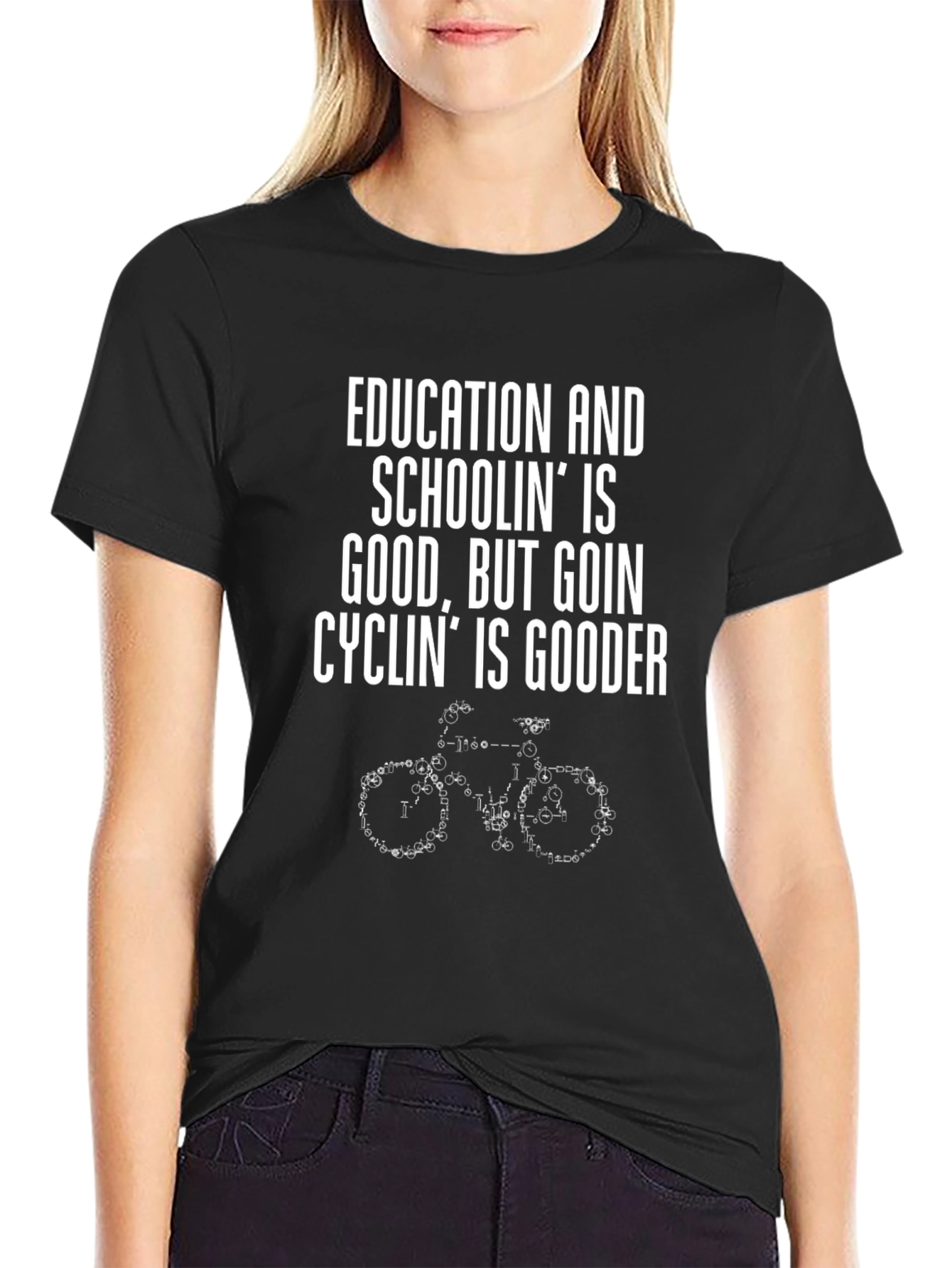 Black Funny Cycling T-Shirt - Education vs. Cycling view 2