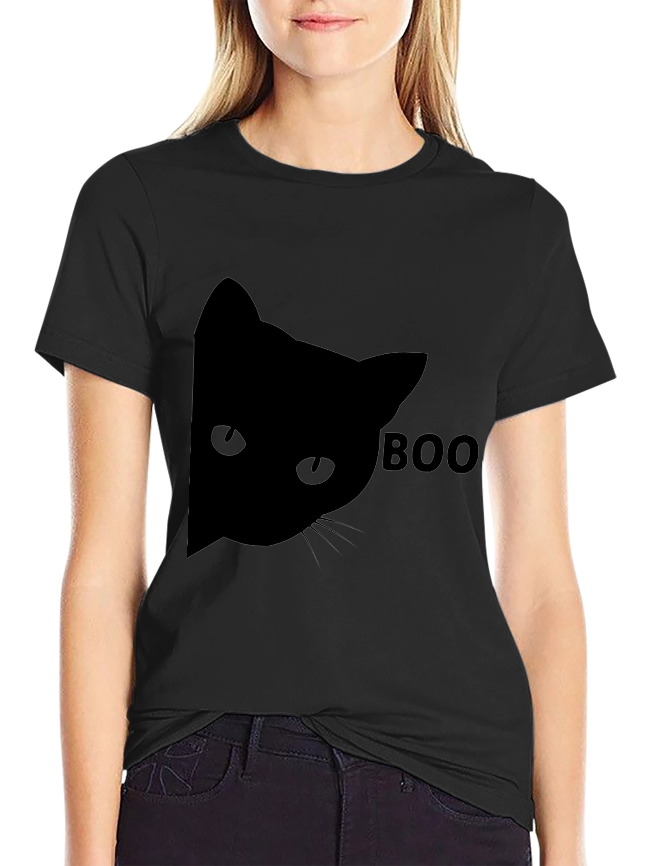 Black Boo Cat Black Tee - Halloween Fun view 2