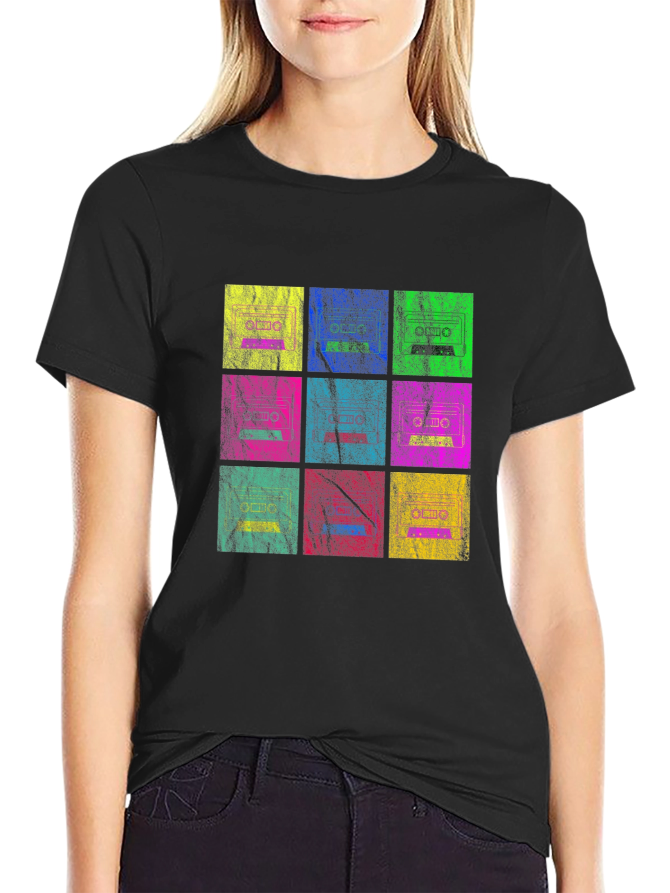 Black Retro Cassette Tape Grid T-Shirt view 2