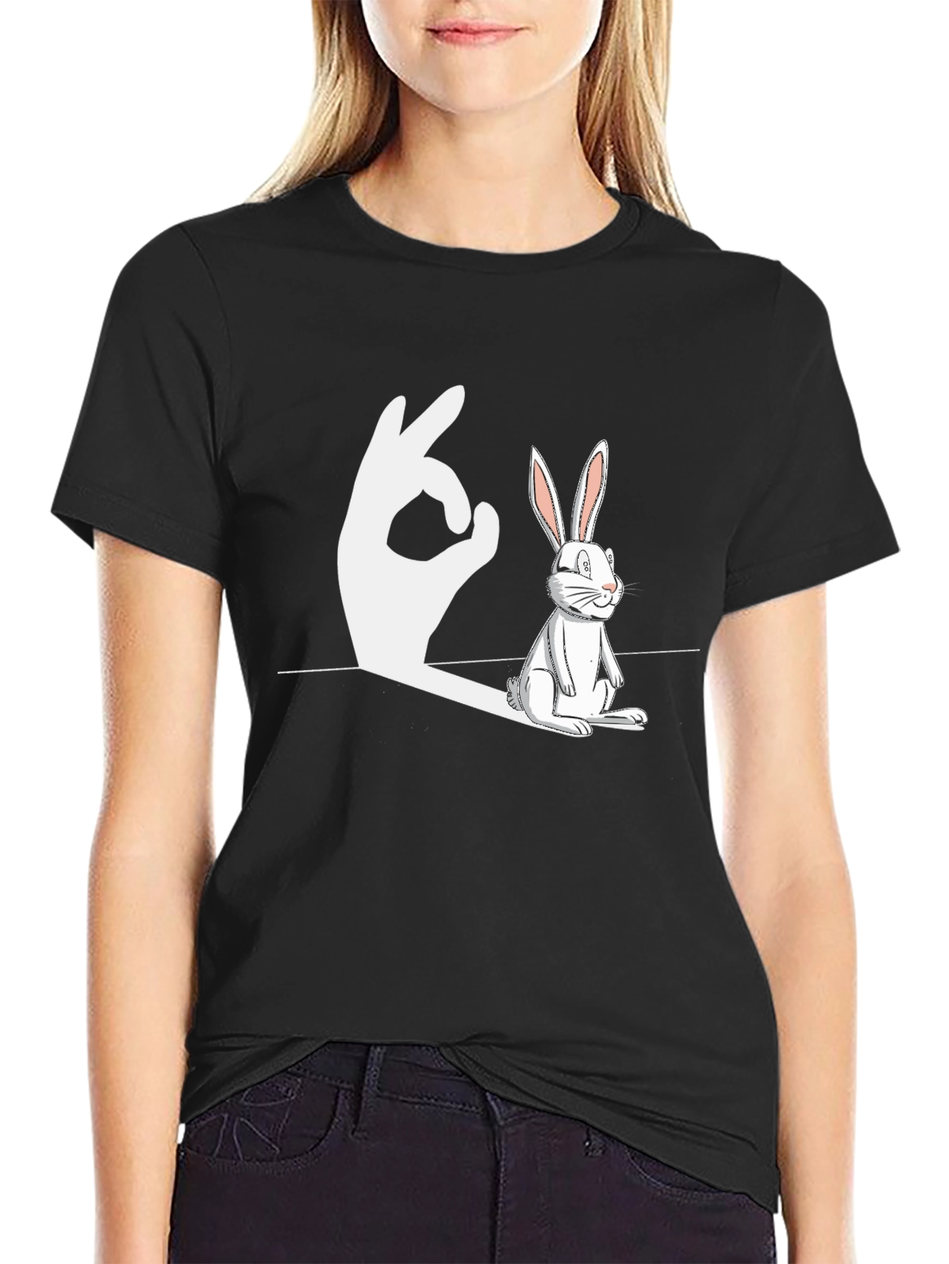 Black Rabbit Shadow Hand Gesture Funny Graphic T-Shirt view 2