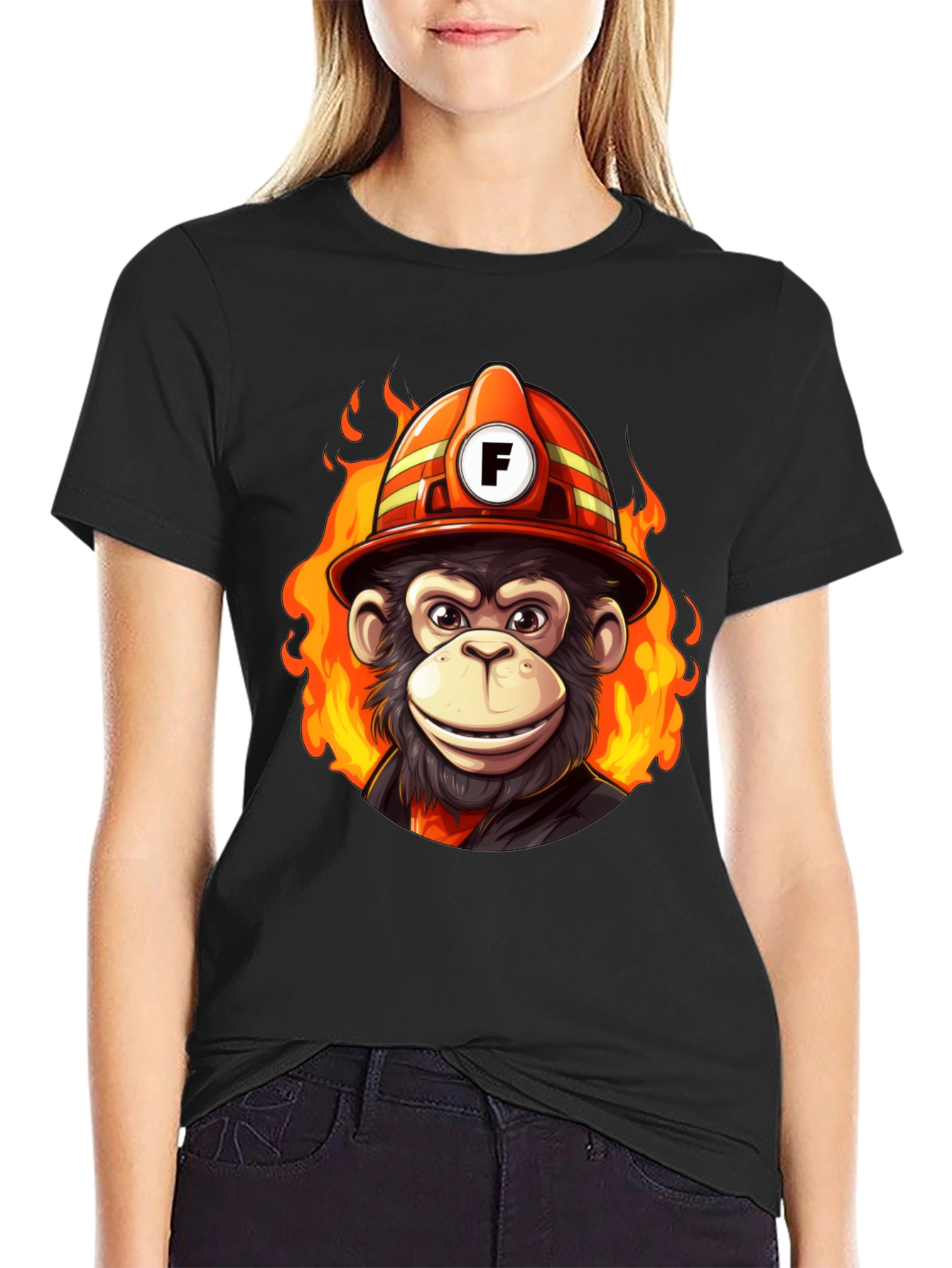 Black Fire Monkey Tee - Fun Cartoon Firefighter Ape T-Shirt view 2