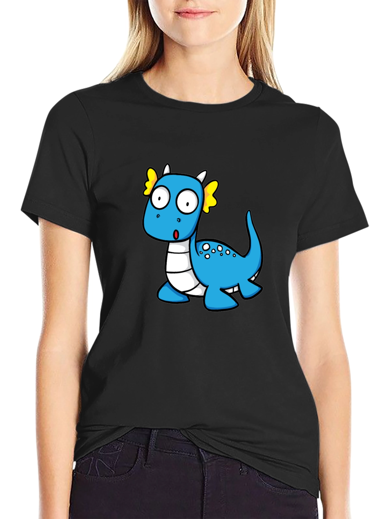 Black Cute Cartoon Dragon Graphic T-Shirt view 2