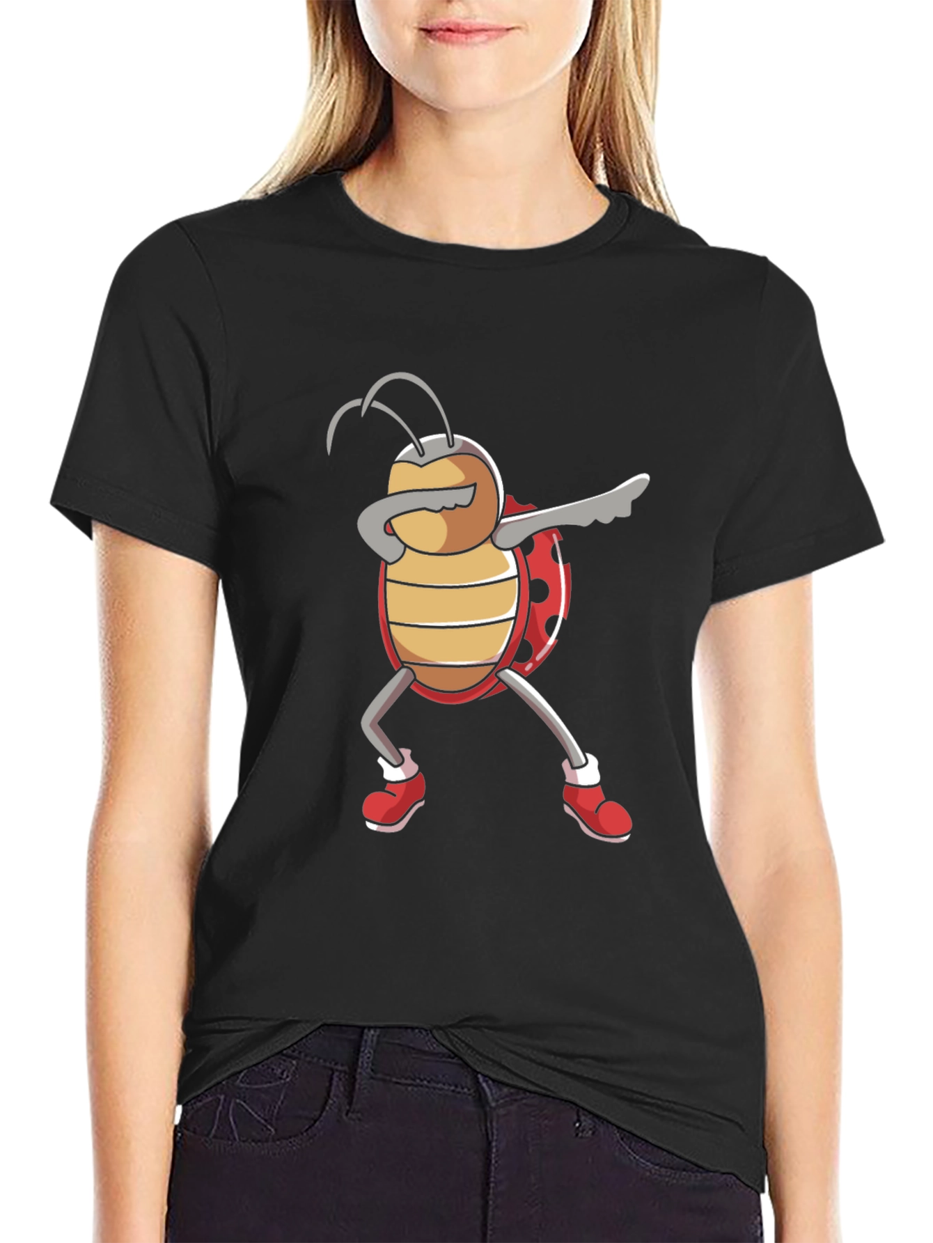 Black Dabbing Ladybug Graphic Tee - Black Cotton T-Shirt view 2